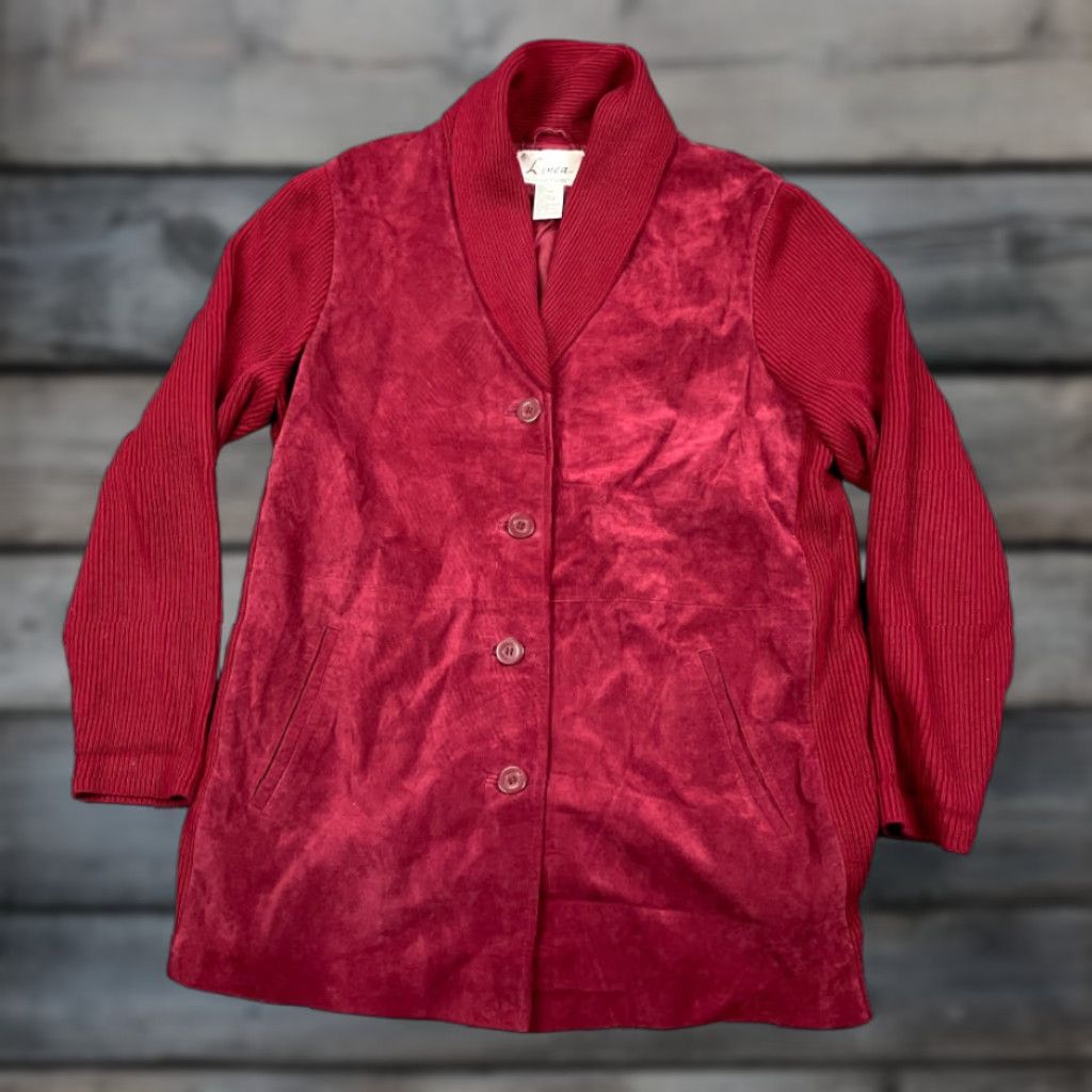 Vintage Vtg Dark Red Suede Shawl Collar Knit Button Up Jacket Women’s Medium Sweater Size M / US 6-8 / IT 42-44 - 1 Thumbnail