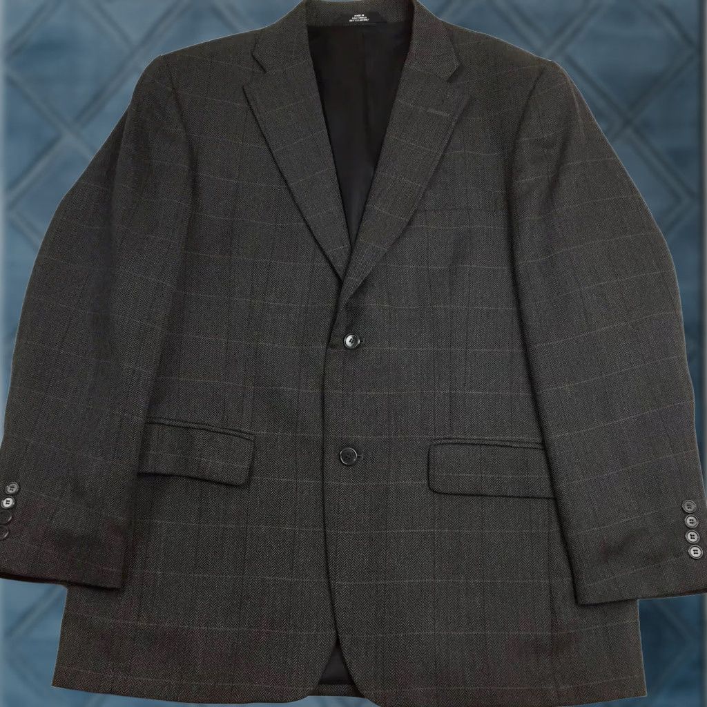 Haggar Haggar Blazer Mens 40R Brown Worsted Wool Blend Herringbone Window Pane Jacket Coat Single-Breasted Notch Lapel 2 Piece Business Mens Size 40R - 1 Thumbnail