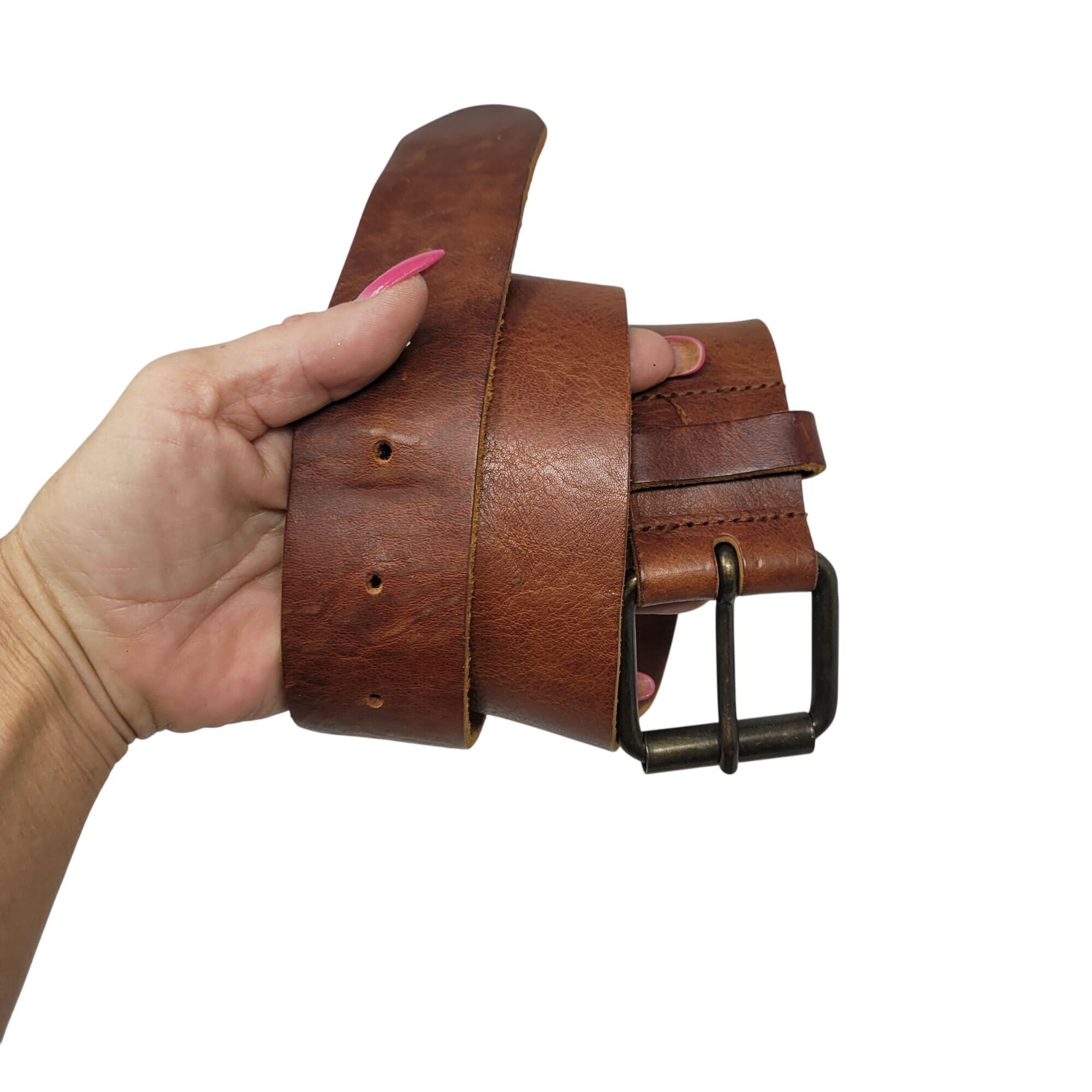 H&M Vintage Mens H&M Thick Rugged Cognac Brown Leather Belt Sz 3 Size 34 - 11 Thumbnail