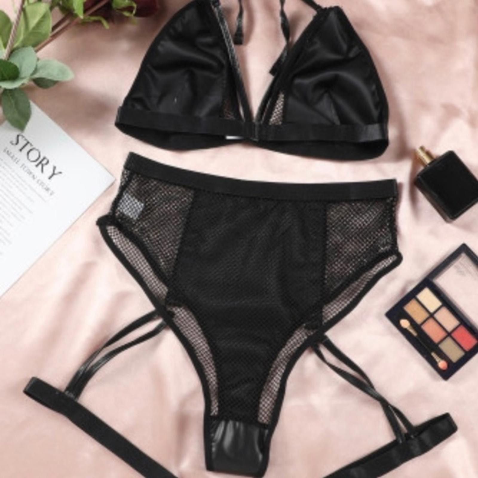 Designer Black Strappy Faux Leather Bra And Panty Set NWT Size ONE SIZE - 6 Thumbnail