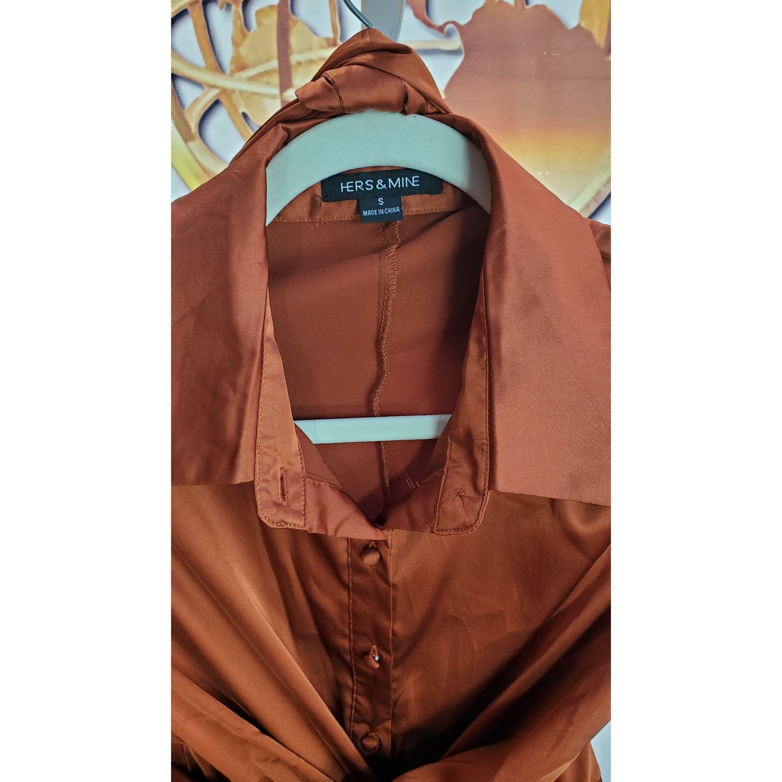 Other Hers & Mine Rust Satin Button Long Sleeve Shirt Dress Size S Size S / US 4 / IT 40 - 3 Thumbnail
