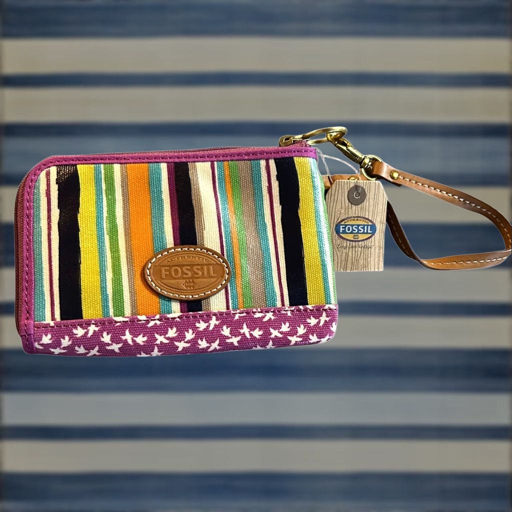Fossil VINTAGE Fossil Purple Striped Birds Coated Canvas Leather Trim Wristlet Wallet Women NWT Size ONE SIZE - 1 Thumbnail