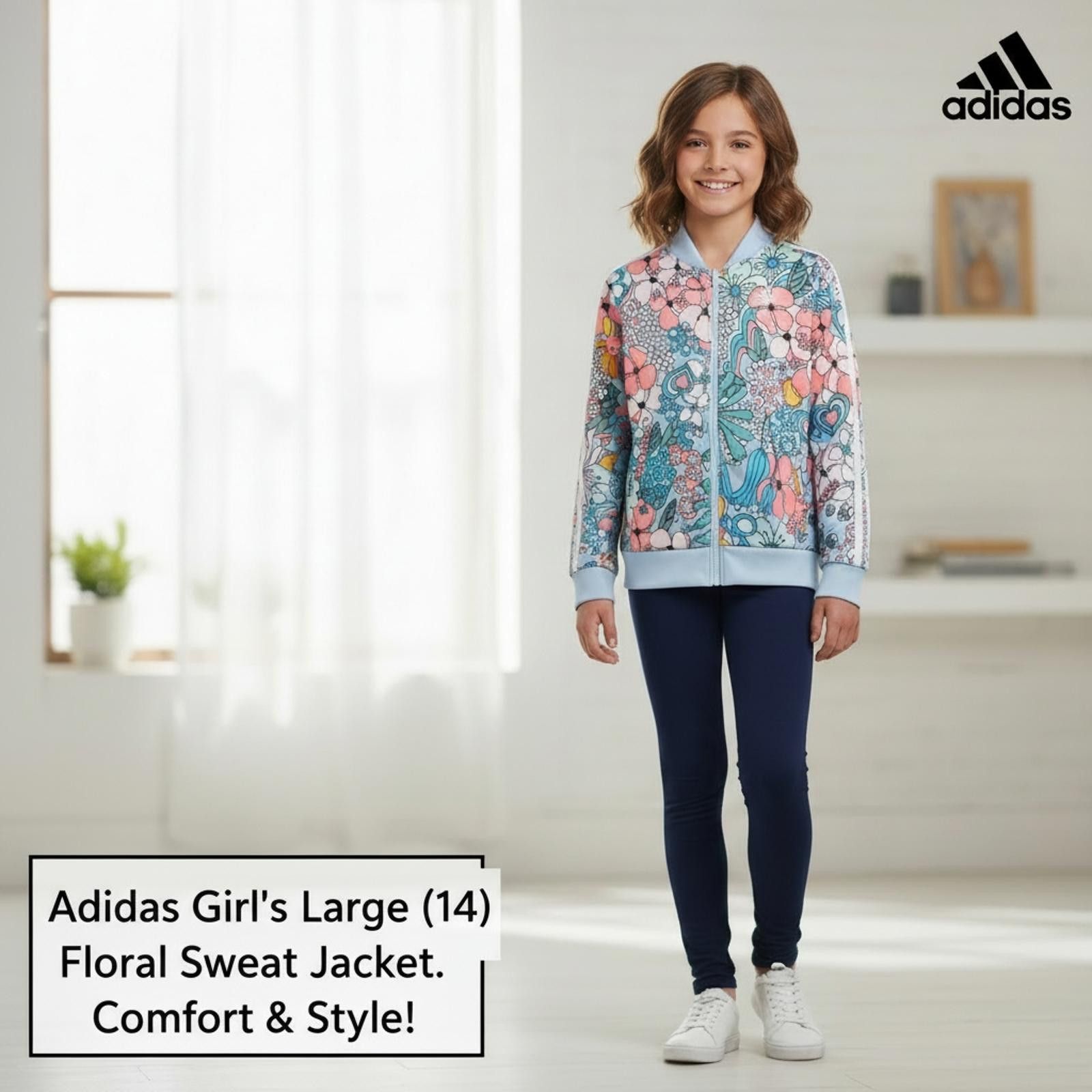 Adidas Adidas Girl's Floral Sweat Jacket Large (14) Size ONE SIZE - 2 Thumbnail