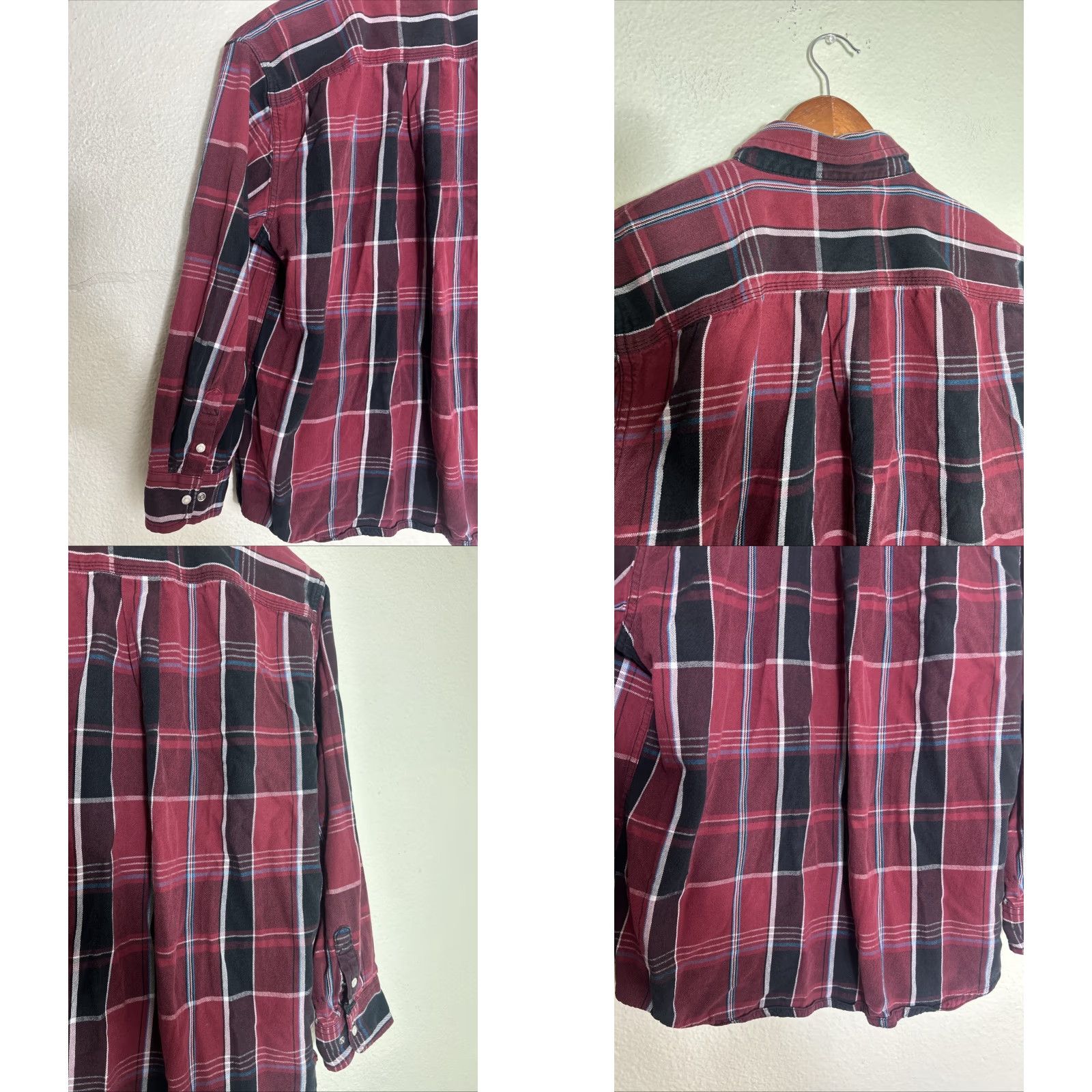Dickies Dickies Mens XL Long Sleeve Pearl Snap Shirt Burgundy Plaid Flannel Cotton Size US XL / EU 56 / 4 - 9 Thumbnail