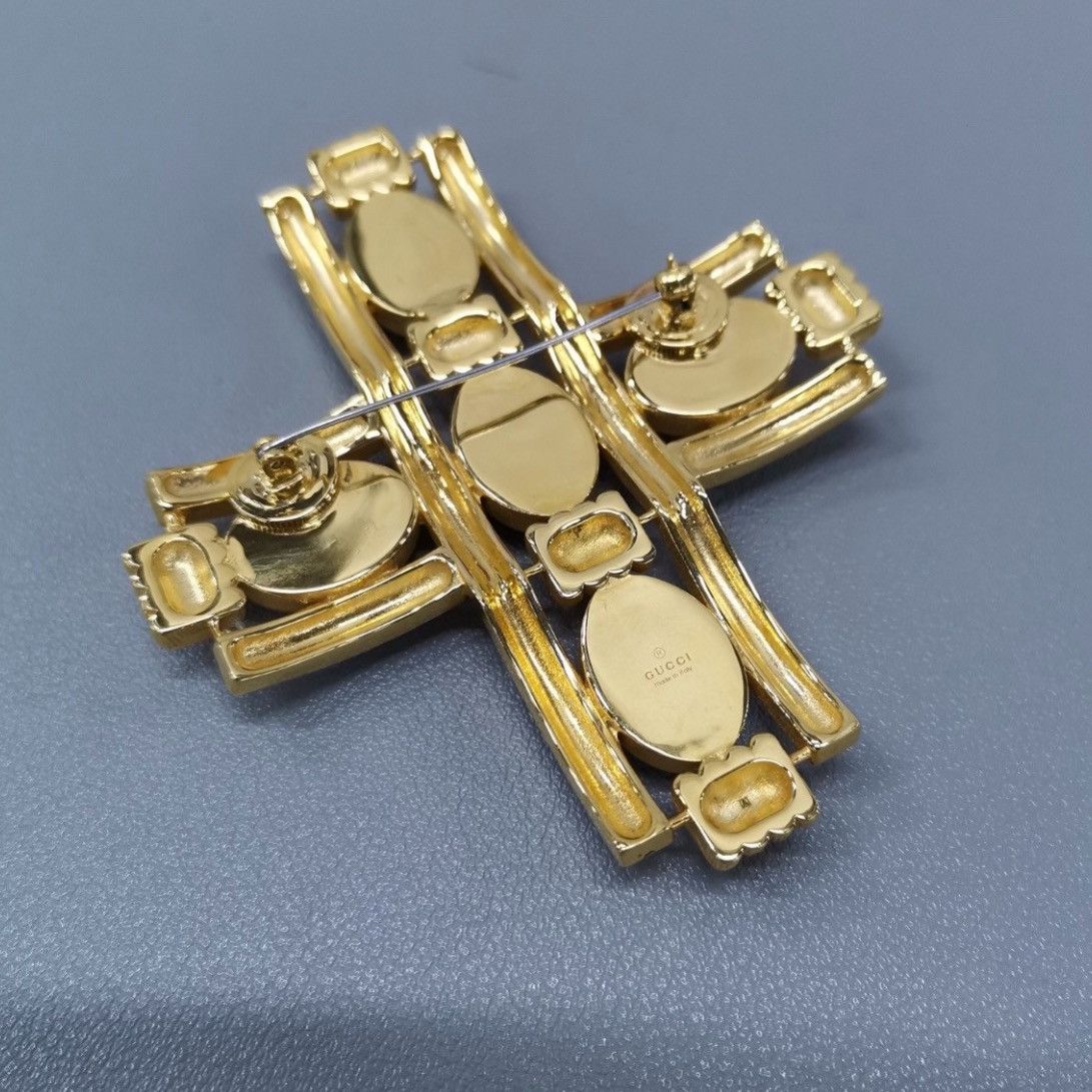 Gucci RARE Gold & Green Cabochon Stone Cross Brooch Size ONE SIZE - 10 Thumbnail