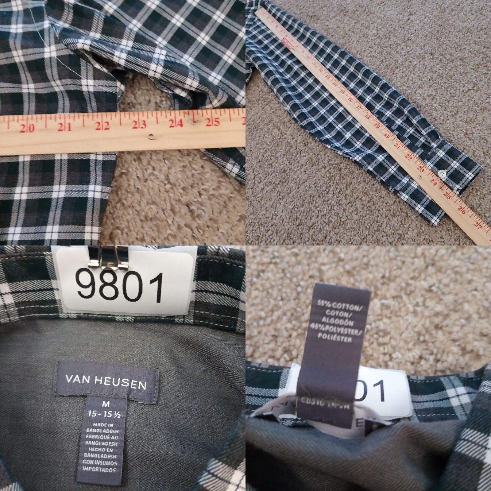 Van Heusen Van Heusen Shirt Mens Medium Green Plaid Long Sleeve Button-Down Button-Up Collared Cotton Blend Size US M / EU 48-50 / 2 - 8 Thumbnail