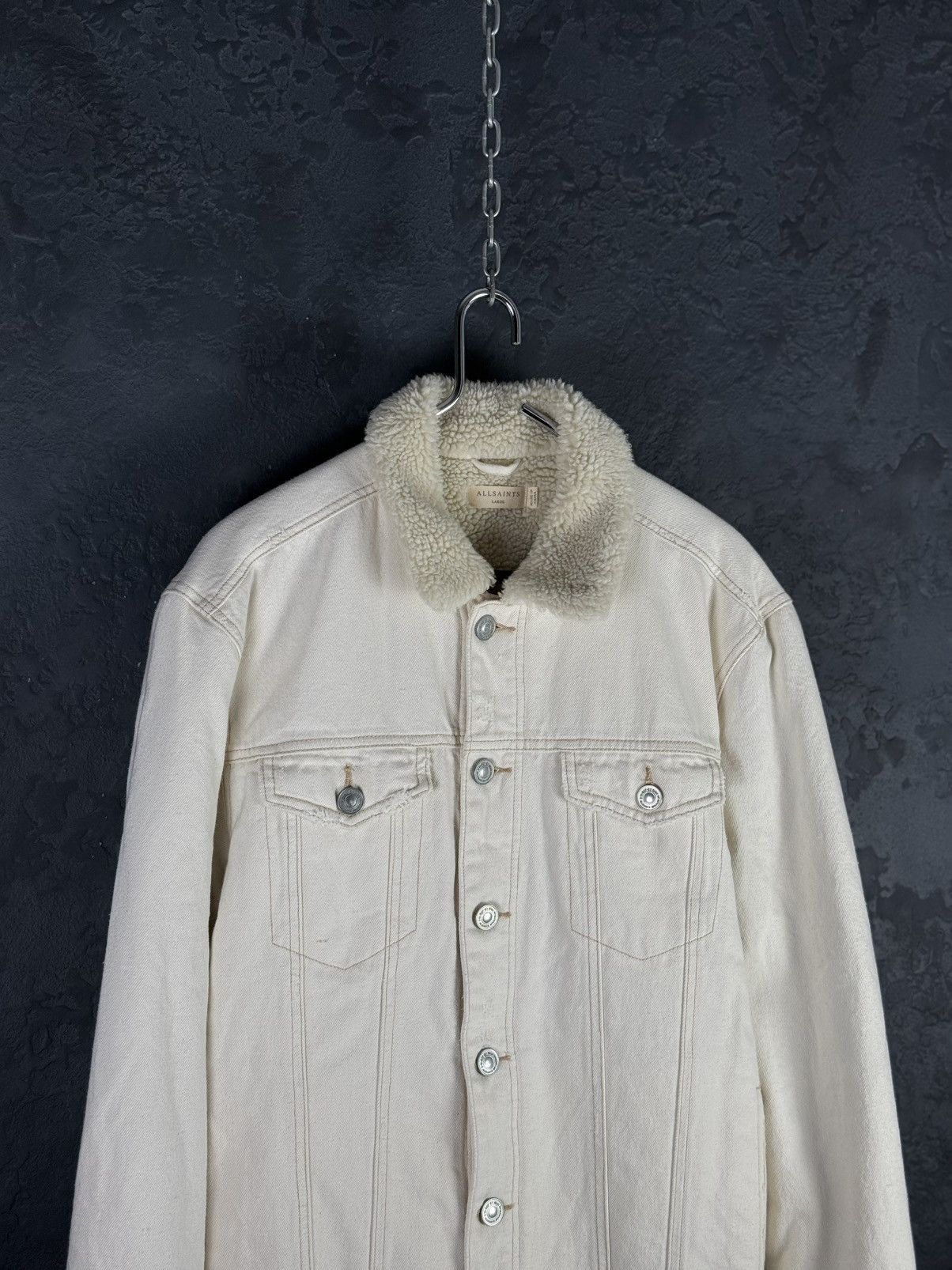 Allsaints AllSaints Mens Cream Cotton Sherpa Lined Denim Jacket Size US L / EU 52-54 / 3 - 4 Thumbnail