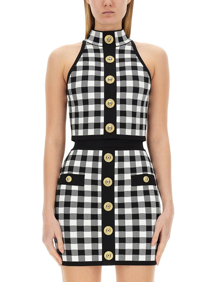 Balmain o1y0625 Checked Crop Top in Black/White Size M / US 6-8 / IT 42-44 - 1 Thumbnail