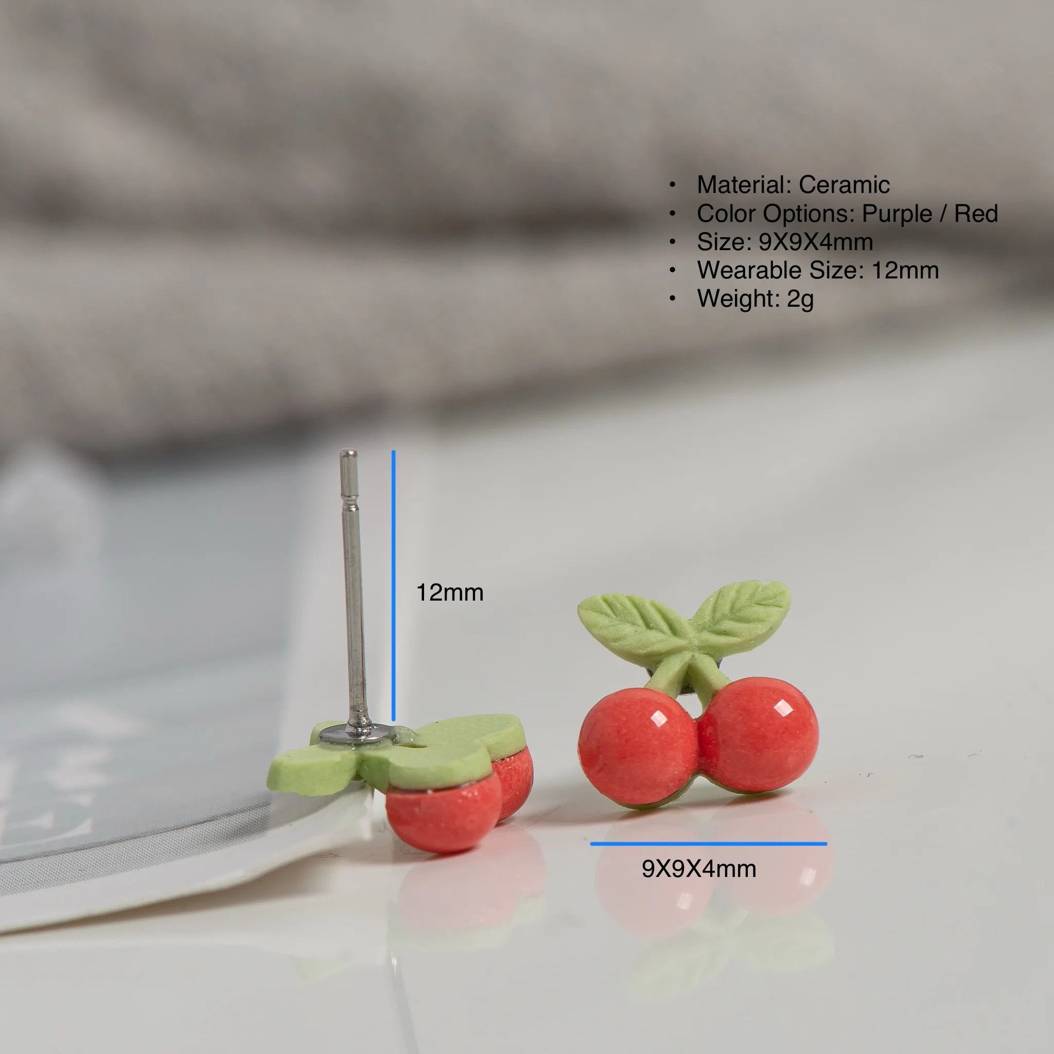 Jewelry Small Cherry Stud Earrings Ceramic Ear Gift For Her Size ONE SIZE - 4 Thumbnail