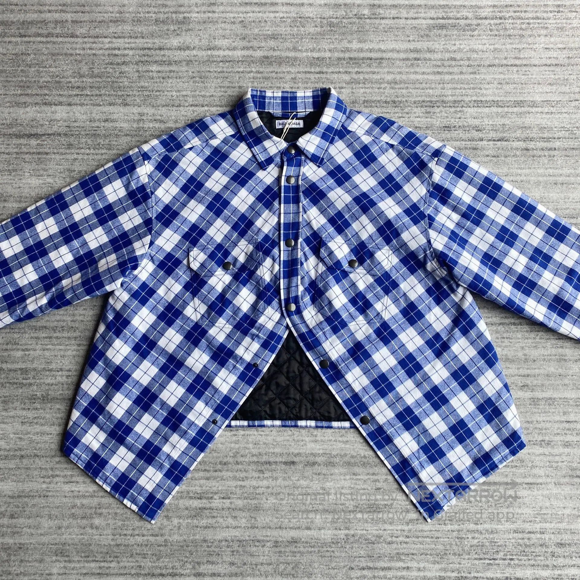Balenciaga White Blue Checkered Shirt Jacket.