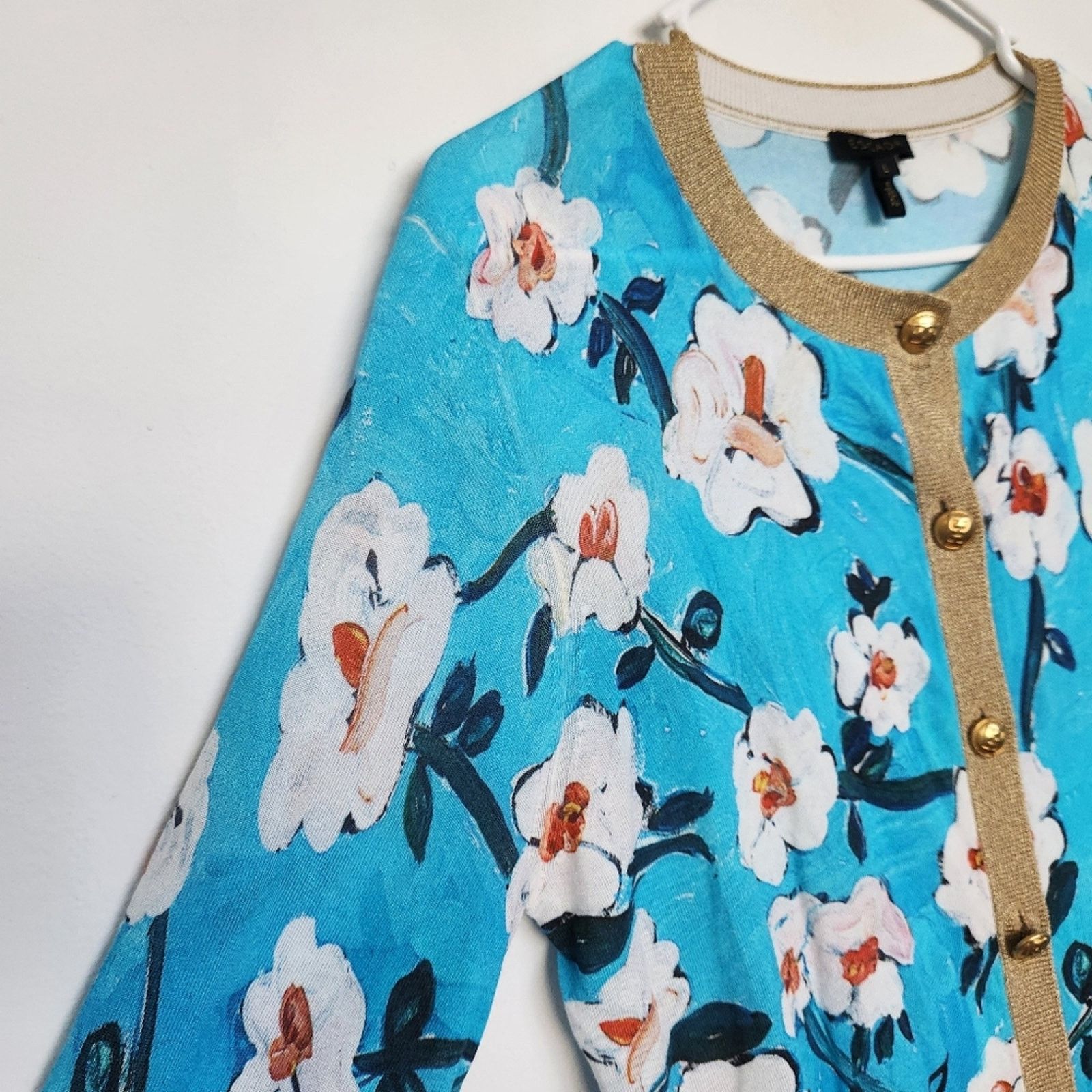Escada ESCADA Siemara Lurex Trim Floral Cardigan In Blue Designer Size L / US 10 / IT 46 - 4 Thumbnail