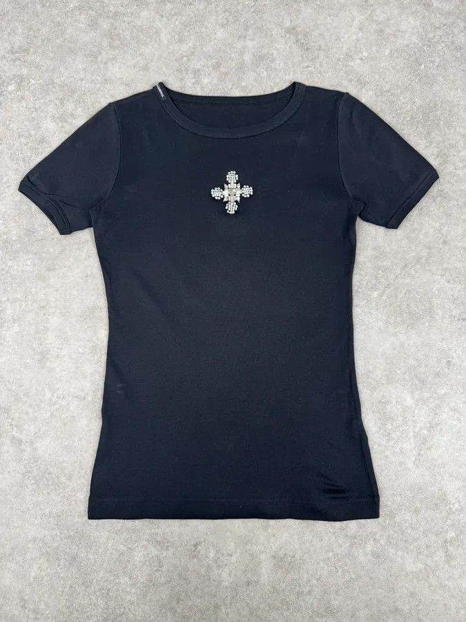 Dolce & Gabbana 2000s Dolce & Gabbana Navy Crystal Cross T-Shirt Size S / US 4 / IT 40 - 2 Thumbnail
