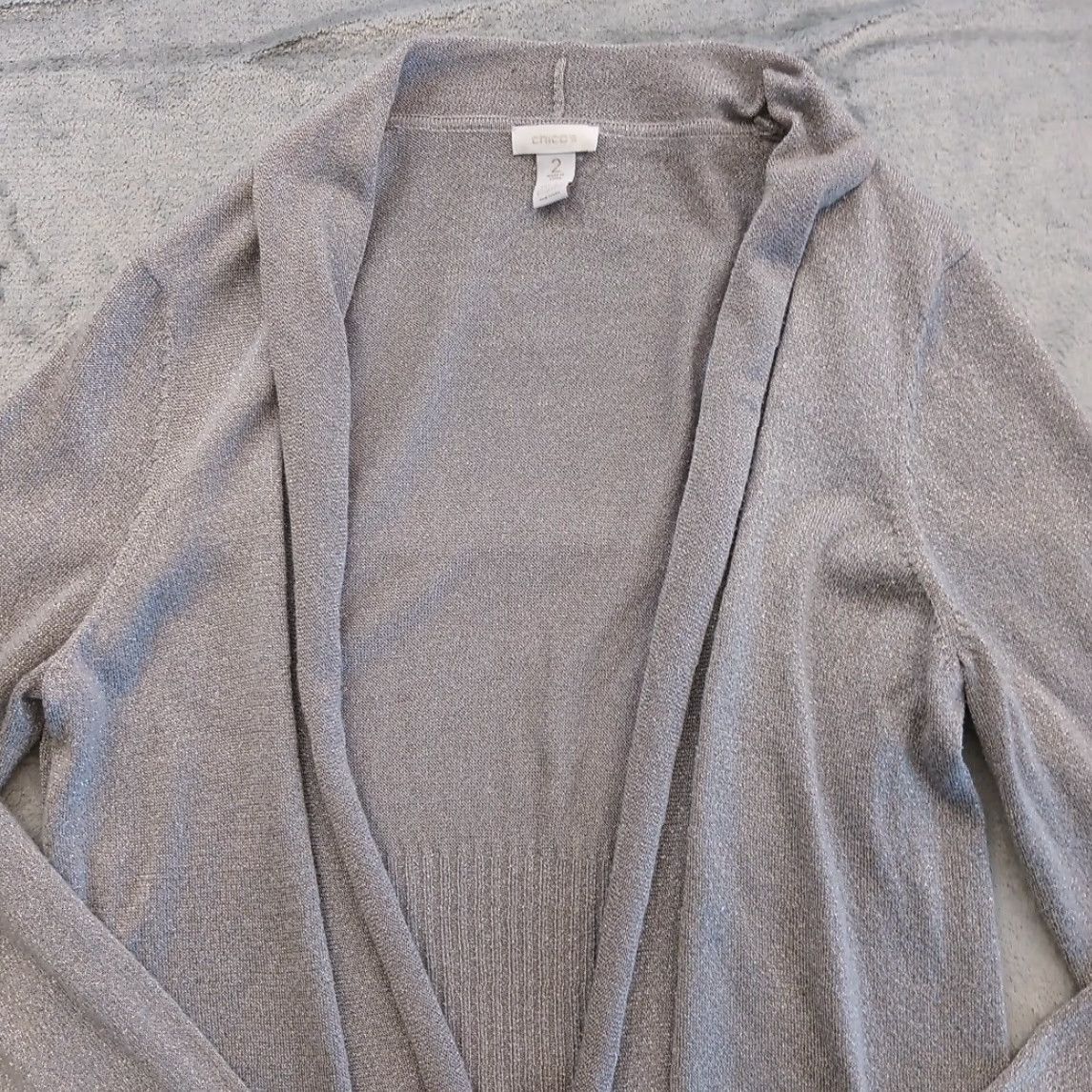 Vintage Chico's Sweater Cardigan Womens Size 2 Gray Open Mid Length Long Sleeve V-Neck Glitter Knit Size XS / US 0-2 / IT 36-38 - 2 Thumbnail