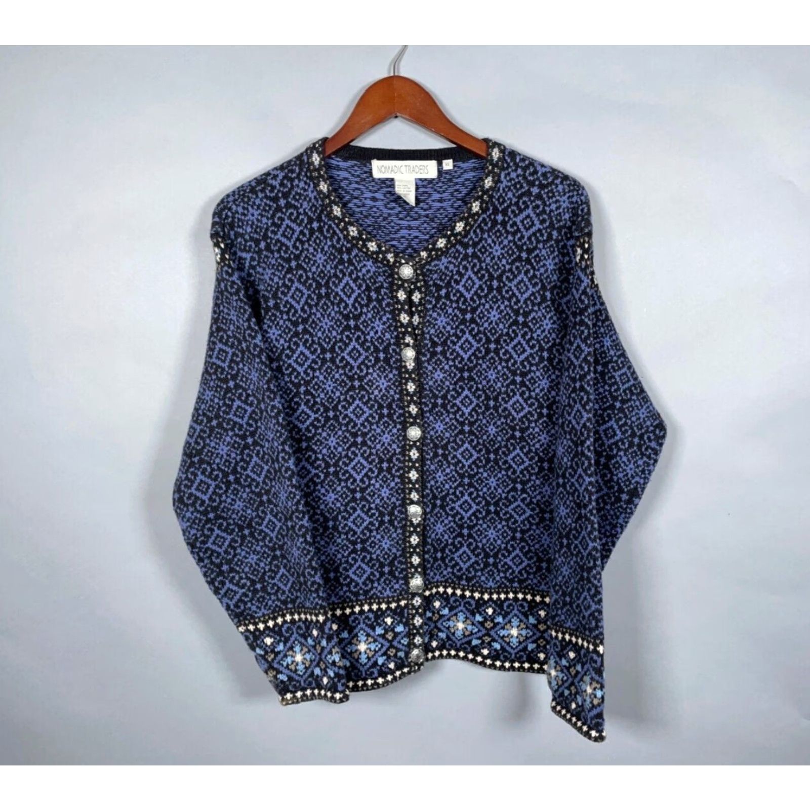 Vintage VINTAGE Nomadic Traders Women's Sweater Cardigan Size Medium Blue Geometric Pattern Casual Retro Knit Fall Winter Size M / US 6-8 / IT 42-44 - 2 Thumbnail