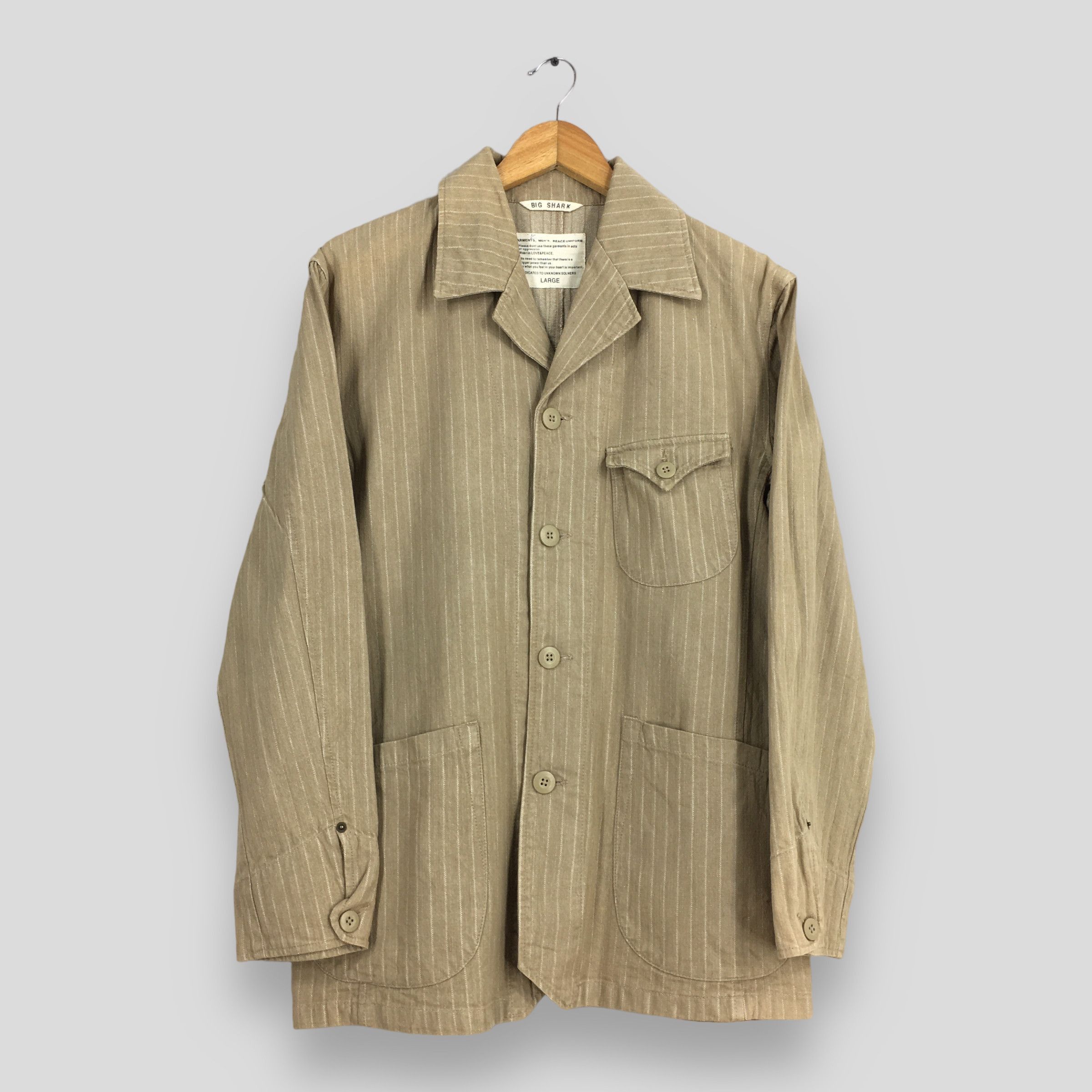 Vintage Vintage 90's Big Shark Jeans Stripes Beige Labor Jacket L Size US L / EU 52-54 / 3 - 1 Thumbnail