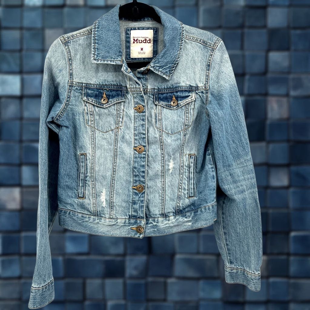 Mudd Denim Jacket Women Short Length Y2K Light Wash Distressed 