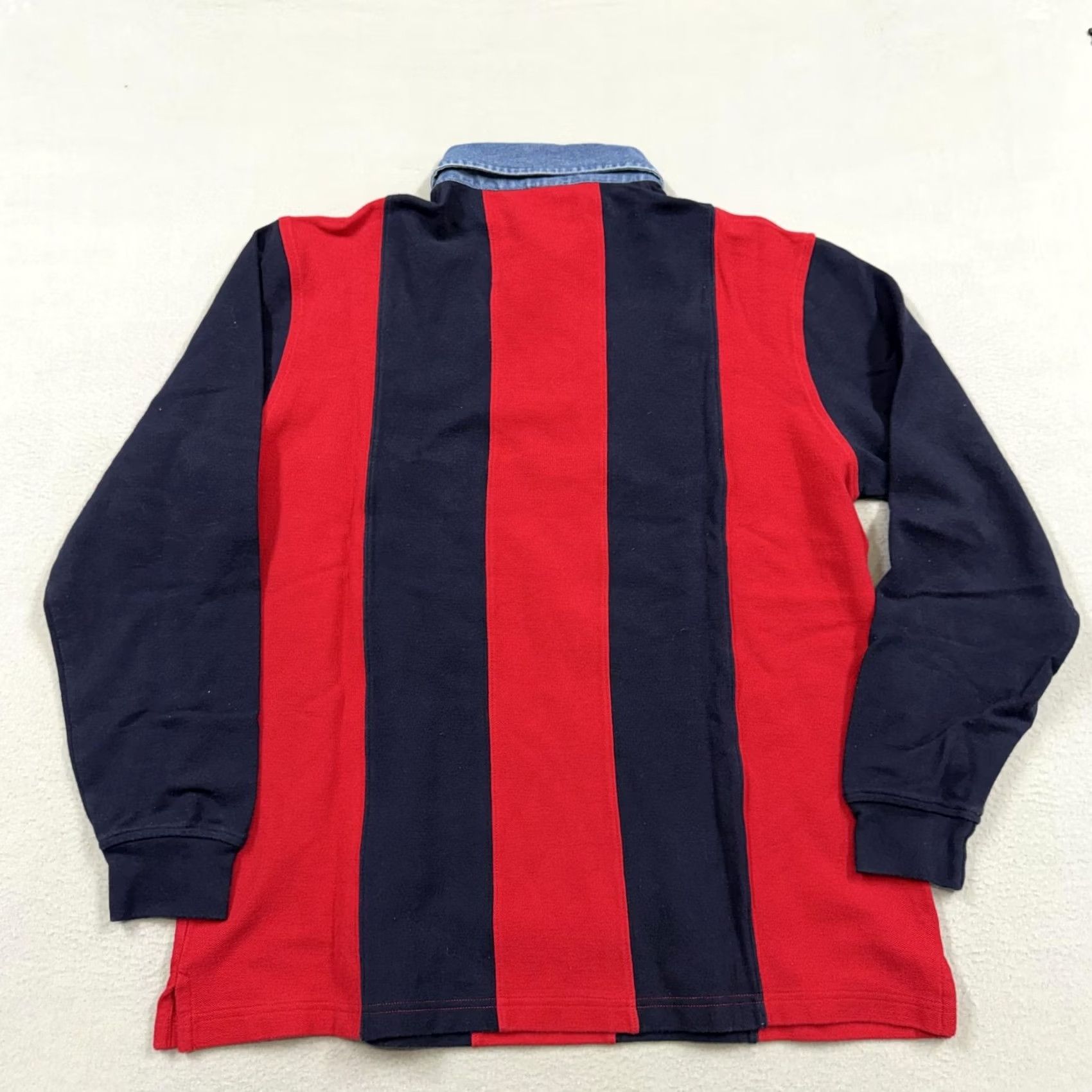 Lands' End Lands' End Polo Shirt Mens XL Red Navy Stripe Denim Collar Vintage Rugby Shirt Long Sleeve Button 100% Cotton Size US XL / EU 56 / 4 - 3 Thumbnail