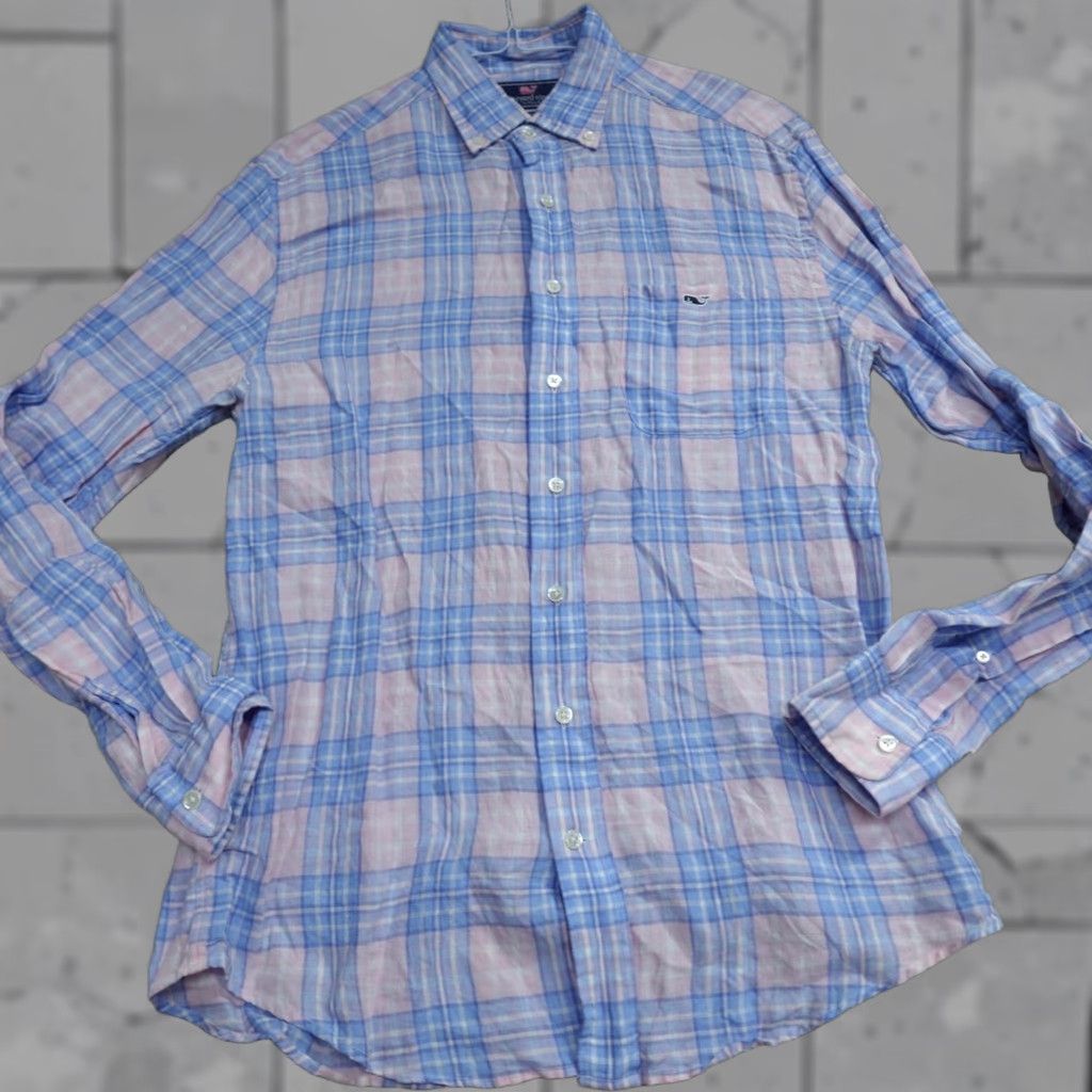 Vineyard Vines Vineyard Vines Shirt Medium Blue Plaid Tucker 100% Linen Classic Fit Button-Up Men Size US M / EU 48-50 / 2 - 1 Thumbnail