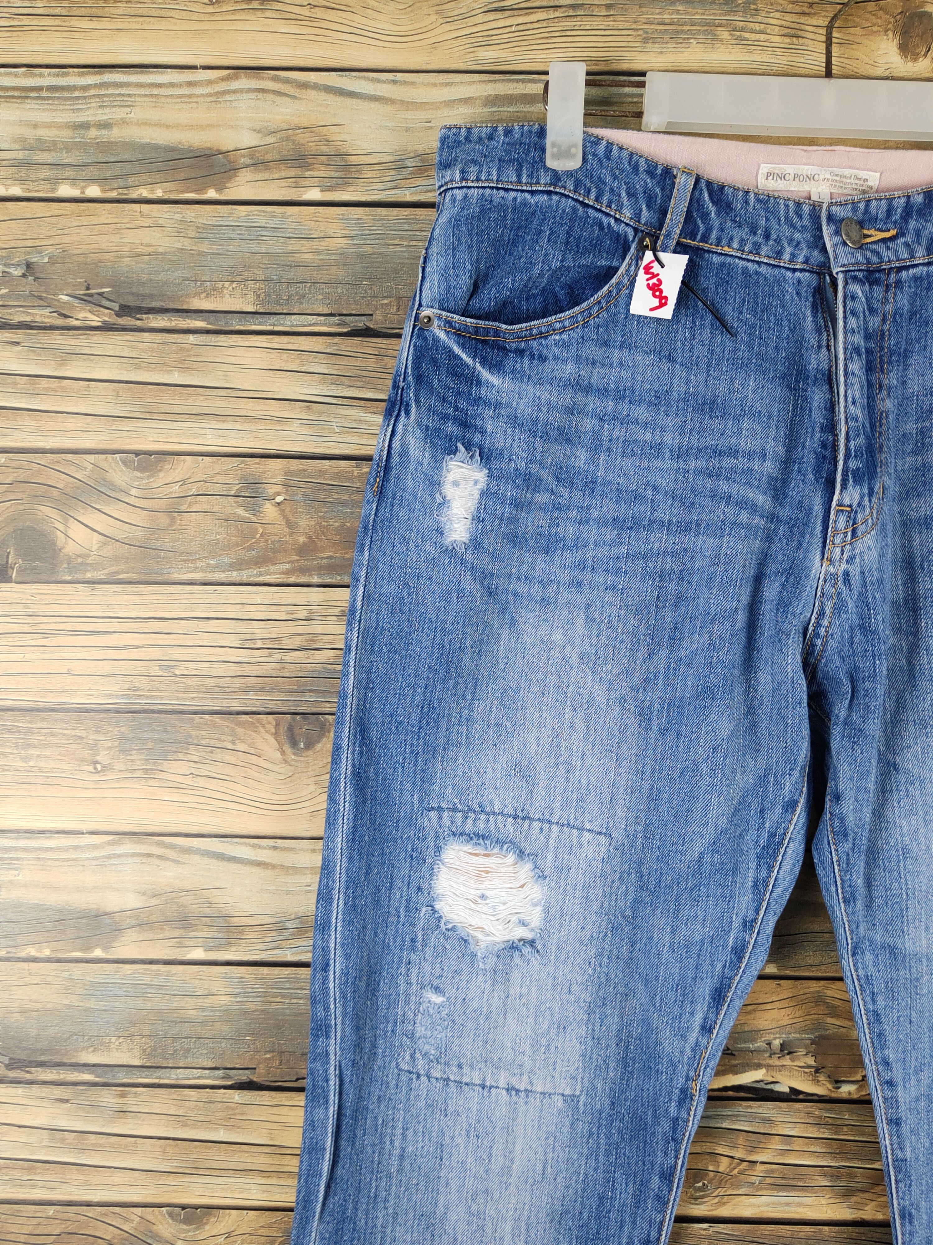 Japanese Brand × Vintage Pinc Ponc Blue Distressed Ripped Patch Jeans #1309 Size 33" - 3 Thumbnail