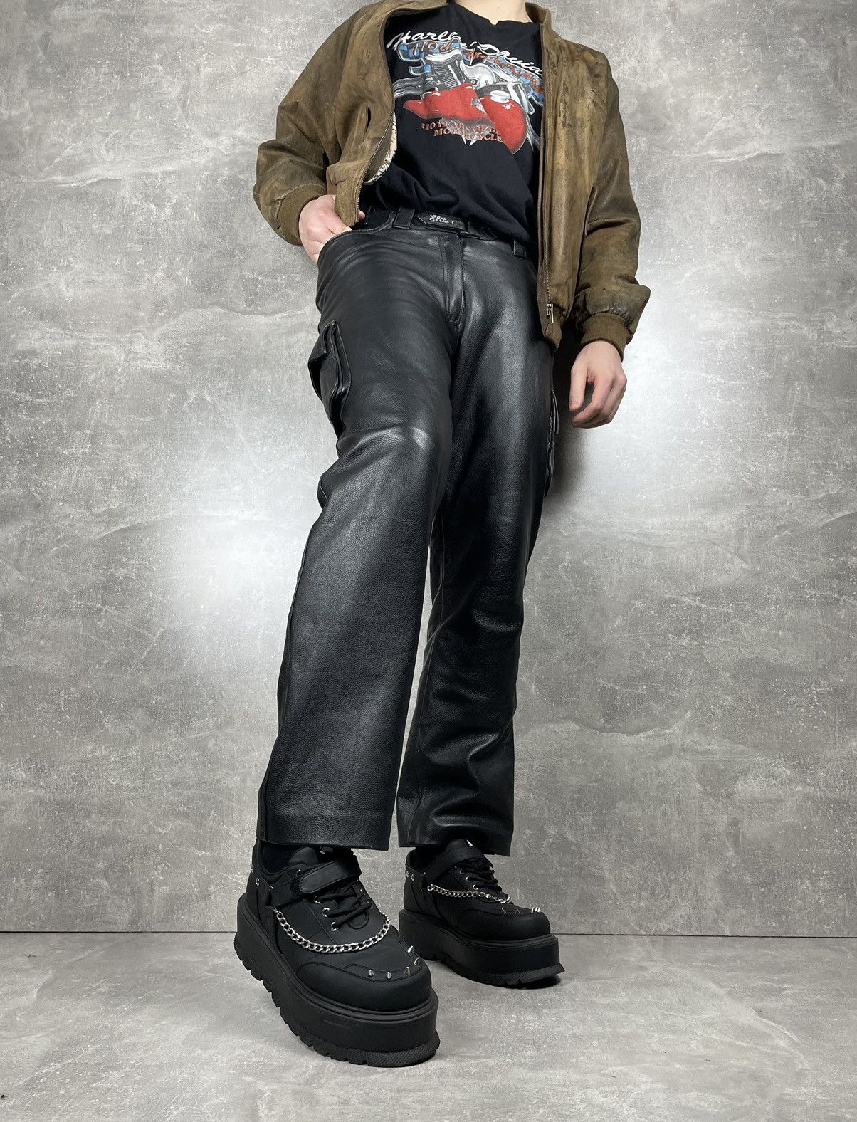 Genuine Leather × Vintage Awesome Vintage Avant Garde Y2K Leather Black Biker Pants Size US 32 / EU 48 - 6 Thumbnail