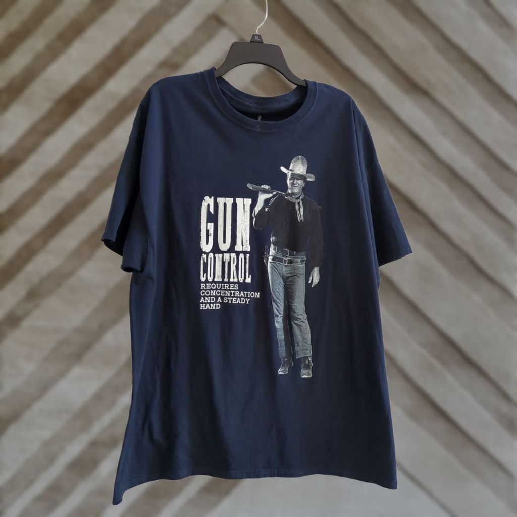 Vintage John Wayne Enterprises Blue Gun Control Graphic T Shirt Mens 2XL Short Sleeve Regular Blue Size US XXL / EU 58 / 5 - 1 Thumbnail