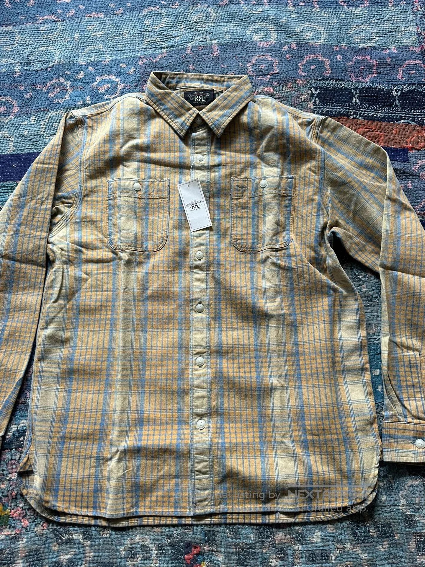 rrl striped work shirt in size large.