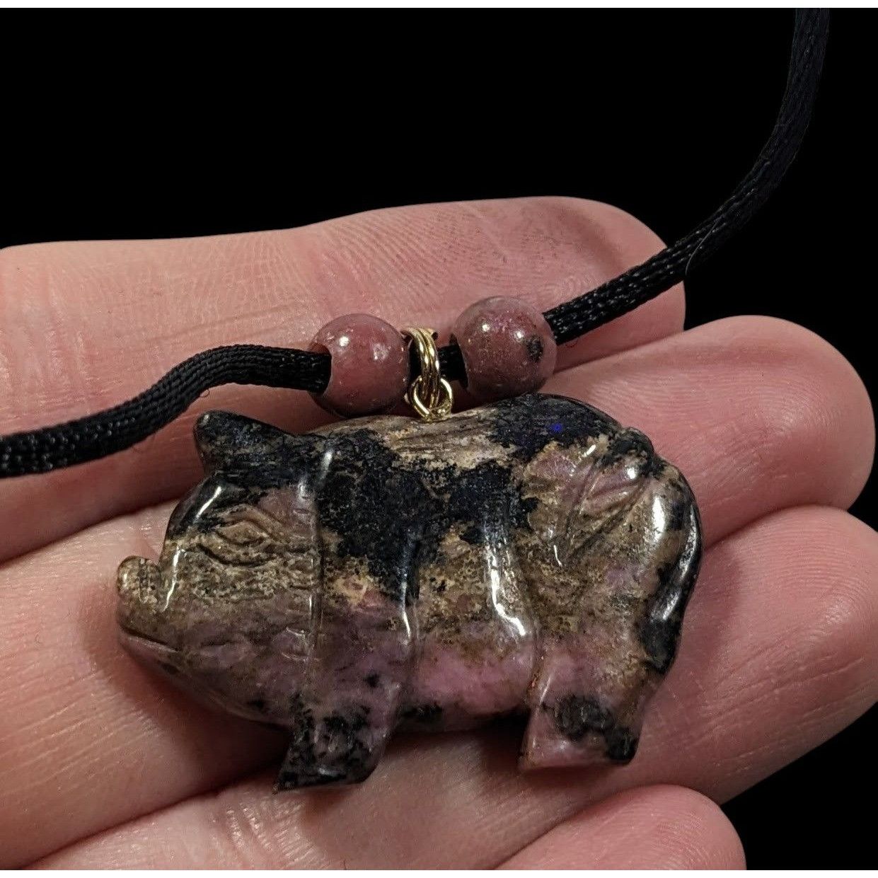 Other Carved Pink And Black Rhodonite Pig Pendant Necklace Size ONE SIZE - 2 Thumbnail