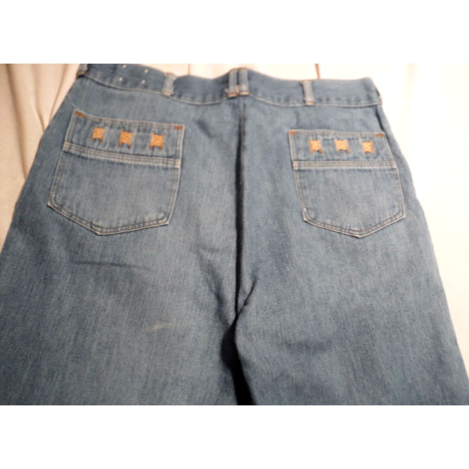 Nique VINTAGE 1970s Denim Jeans by POST GRADS H.I.S Hippy Boho Style Adult 35x30 Blue Unique Pockets USA Made Size US 35 - 7 Thumbnail