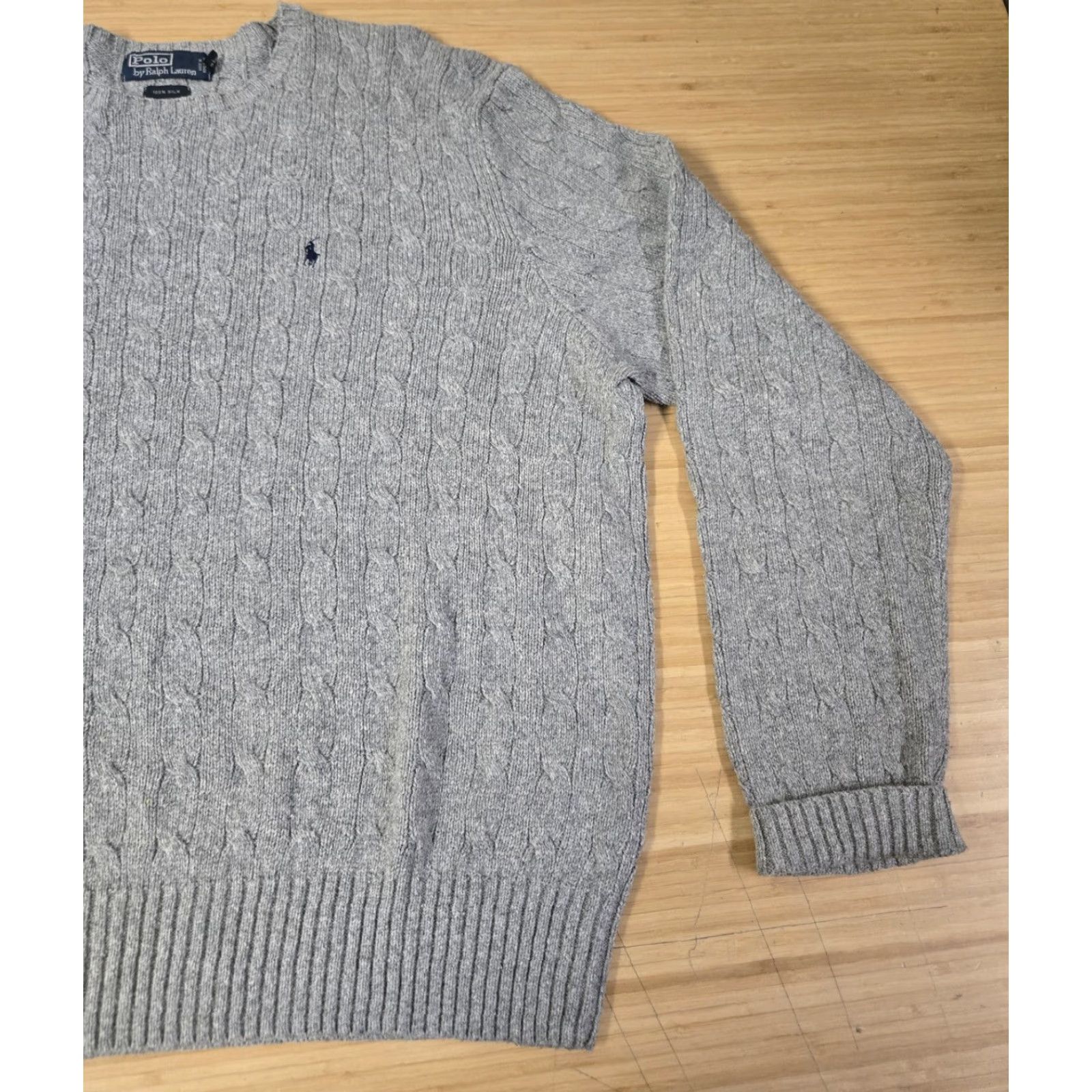 Polo Ralph Lauren Polo Ralph Lauren Sweater Mens 2XL Gray 100% Silk Cable Knit Crewneck Pullover Size US XXL / EU 58 / 5 - 2 Thumbnail