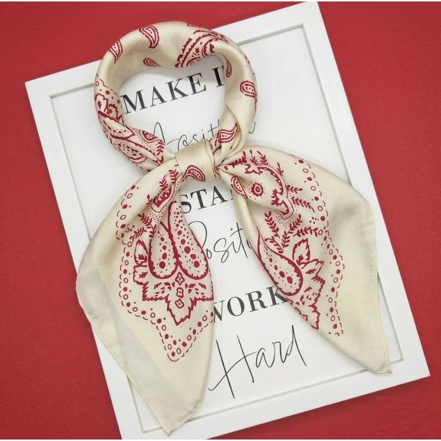 Other New Elegant Bandana Square Scarf Retro Beige Red Floral Pai Size ONE SIZE - 1 Thumbnail
