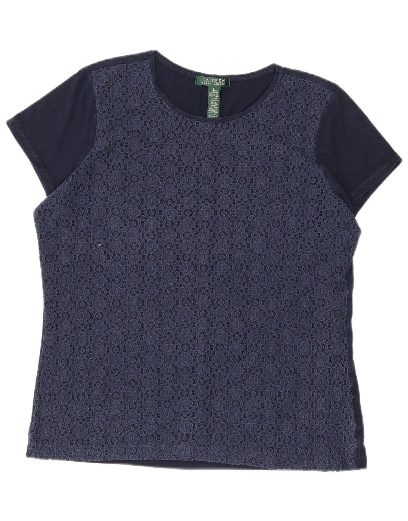 Ralph Lauren Womens T-Shirt Top UK 14 Large Navy Blue Floral Cotton Size S / US 4 / IT 40 - 1 Thumbnail