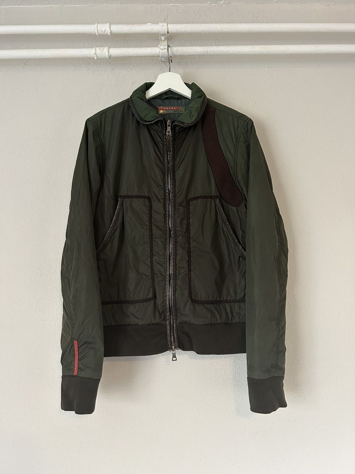 image of Prada Leather Trimmed Bomber Jacket in Army Green, Men's (Size Small)