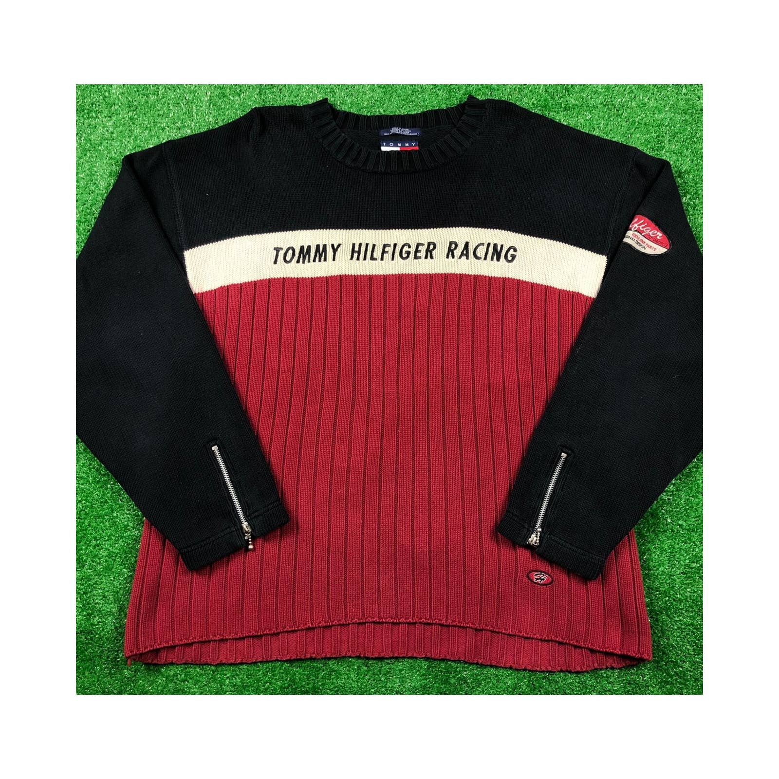 image of Vintage 90's Tommy Hilfiger Racing XL Black Knit Sweater in Red, Men's