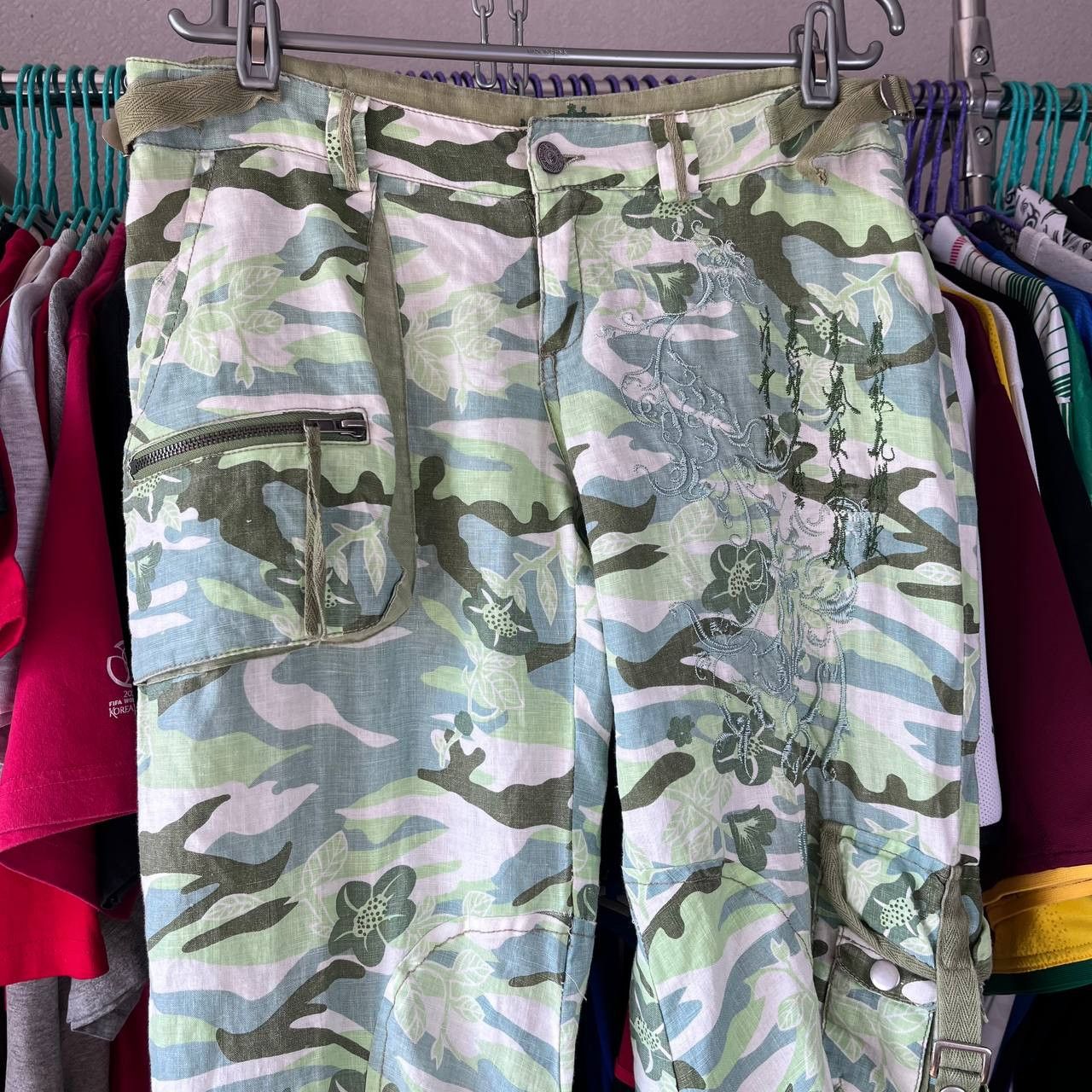 Vintage Y2K Military Camo Cargo Pants Solid Print Japanese Style Size 31" - 2 Thumbnail