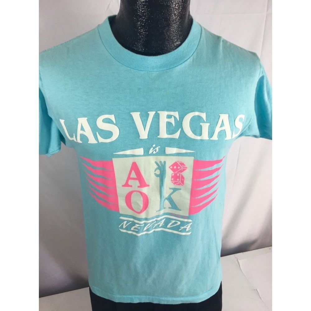 Unknown London Vtg Painted Blue NEON Pink Las Vegas A OK 1988 NEON T Shirt Size US S / EU 44-46 / 1 - 2 Thumbnail