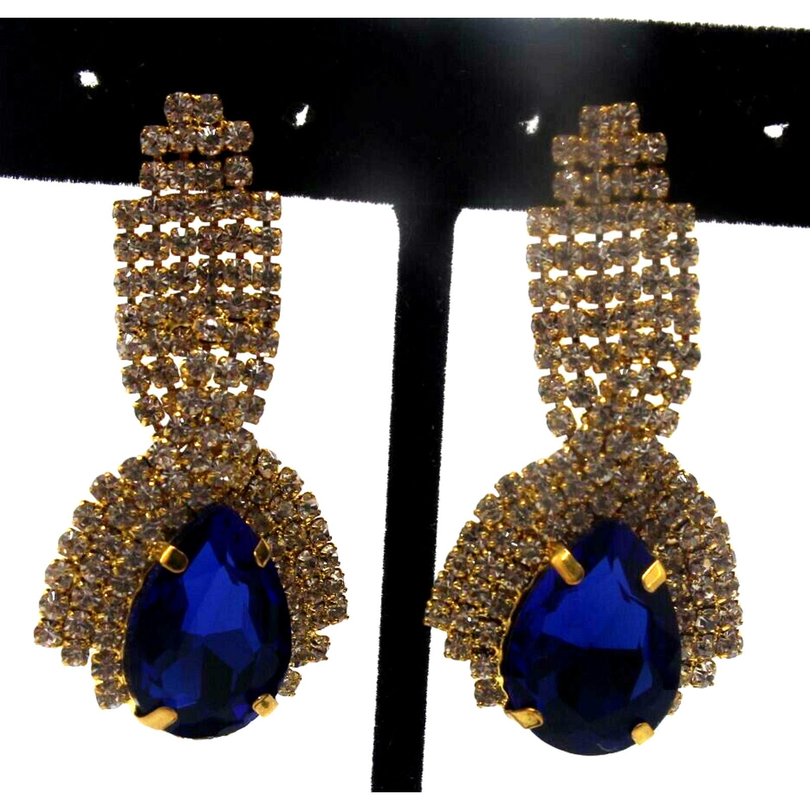 Other Sapphire Blue Tear Drop Rhinestone Statement Earrings • 2" Size ONE SIZE - 2 Thumbnail