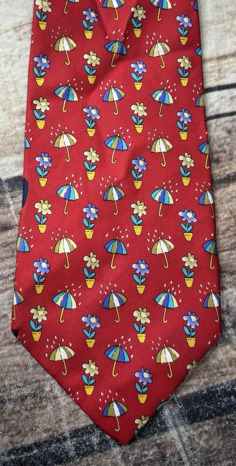 Burberry VTG Burberrys Silk Neck Tie Mens Umbrella Flower Red USA Size ONE SIZE - 5 Thumbnail
