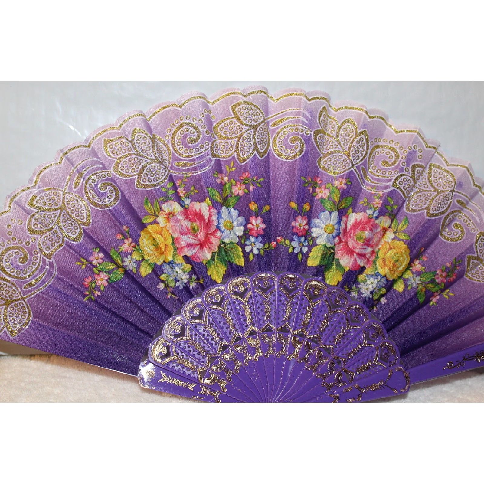 Vintage Vintage Hand Fan with Flowers Purple Small Size Adult Unbranded 16-inch Wide Size ONE SIZE - 2 Thumbnail