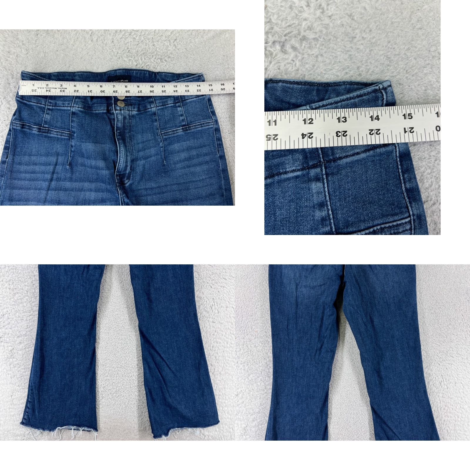 Lucky Brand VINTAGE Lucky Brand Jeans Juniors 14 Blue Denim Flared High Rise 5-Pocket Cotton Distressed Raw Hem Womens Girls Smalls? Size 36" / US 14 / IT 50 - 9 Thumbnail