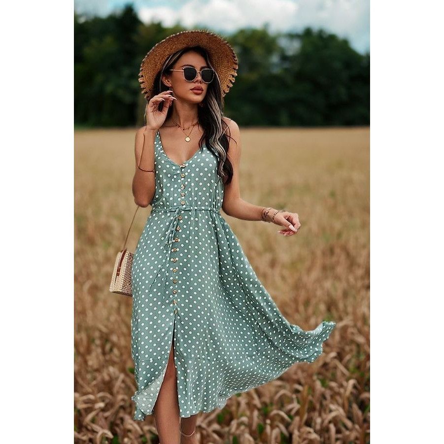 Other Polka Dot Midi Dress Boho Cottagecore Sundress Flowy Button- Size L / US 10 / IT 46 - 8 Thumbnail