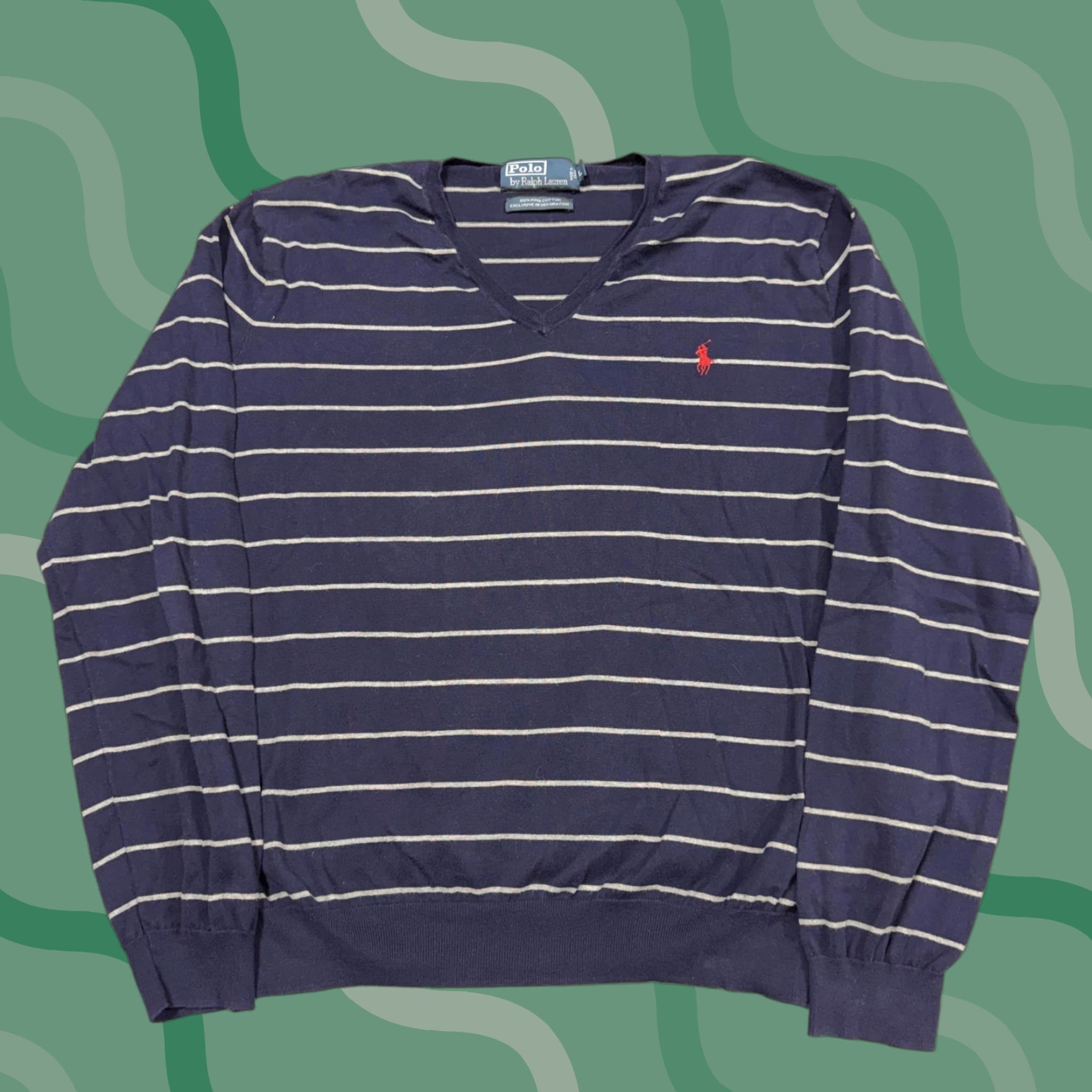 Polo Ralph Lauren Polo Ralph Lauren Sweater Mens Large Blue V Neck Stripe Knit Pullover Pony Logo Size US L / EU 52-54 / 3 - 1 Thumbnail