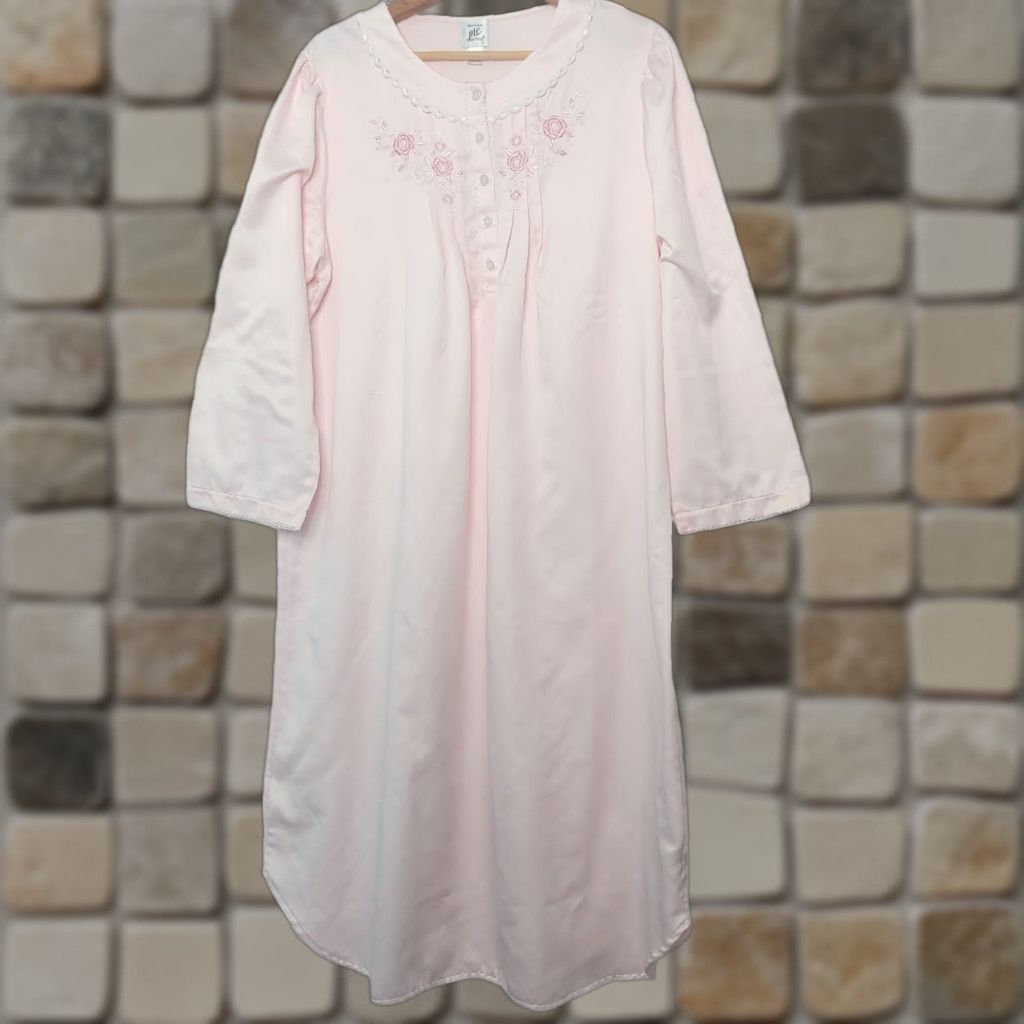 Vintage Miss Elaine Gown Womens Large Nightgown Long Sleeve Lace Floral Fuzzy Inside Blue EUC Size L / US 10 / IT 46 - 1 Thumbnail