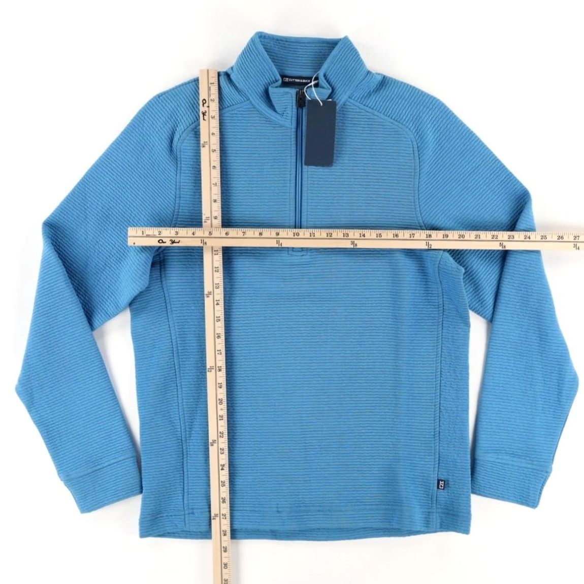 Cutter & Buck Cutter & Buck DryTec Cotton+ Ribbed 1/4 Zip Pullover Mock Long Sleeve Teal Men's M Shirt Size US M / EU 48-50 / 2 - 3 Thumbnail