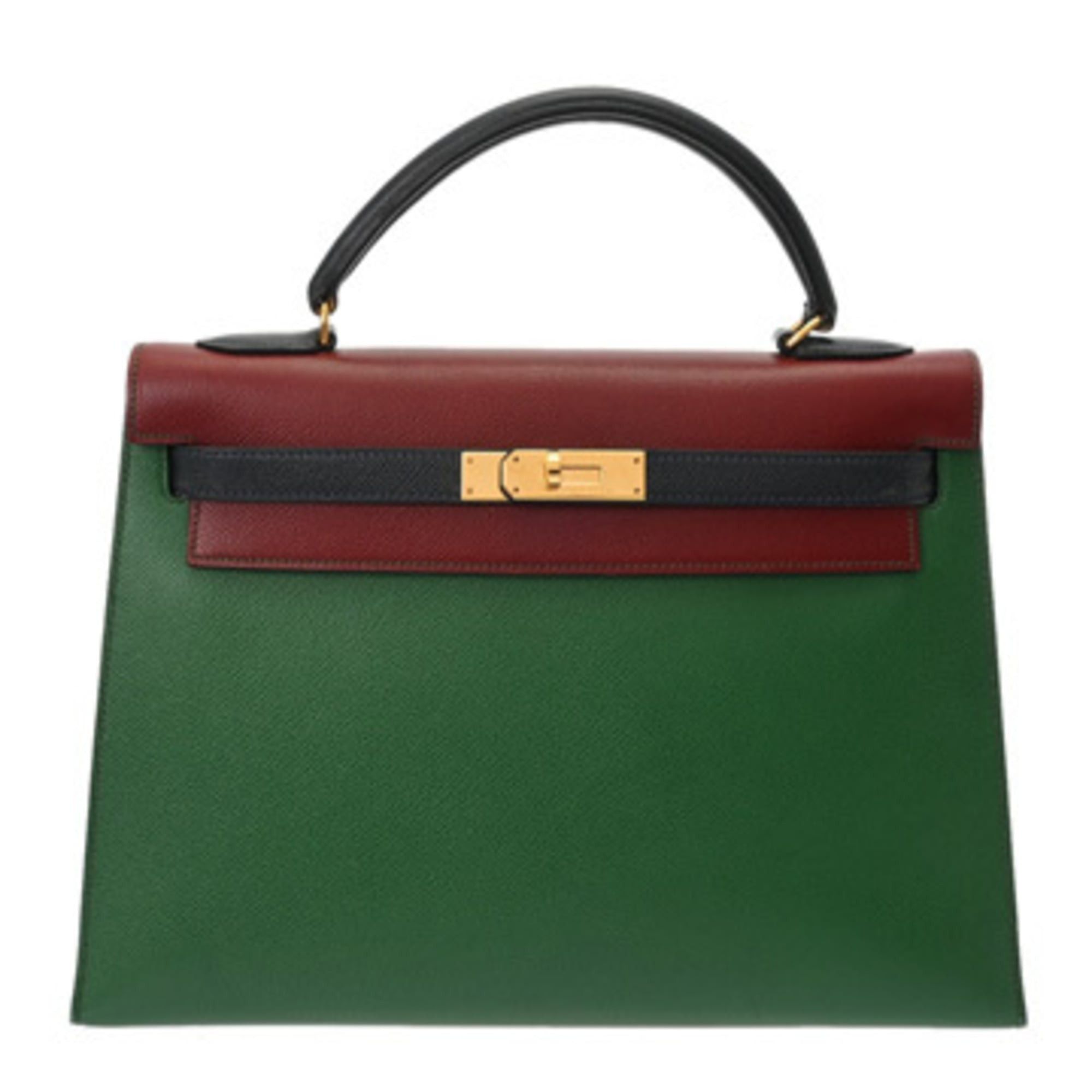 HERMES Kelly 32 2-Way Rouge H Vert Blue Indigo U Stamp (circa 1991) Women's Couchbel Handbag B-Rank Pre-Owned Ginzo