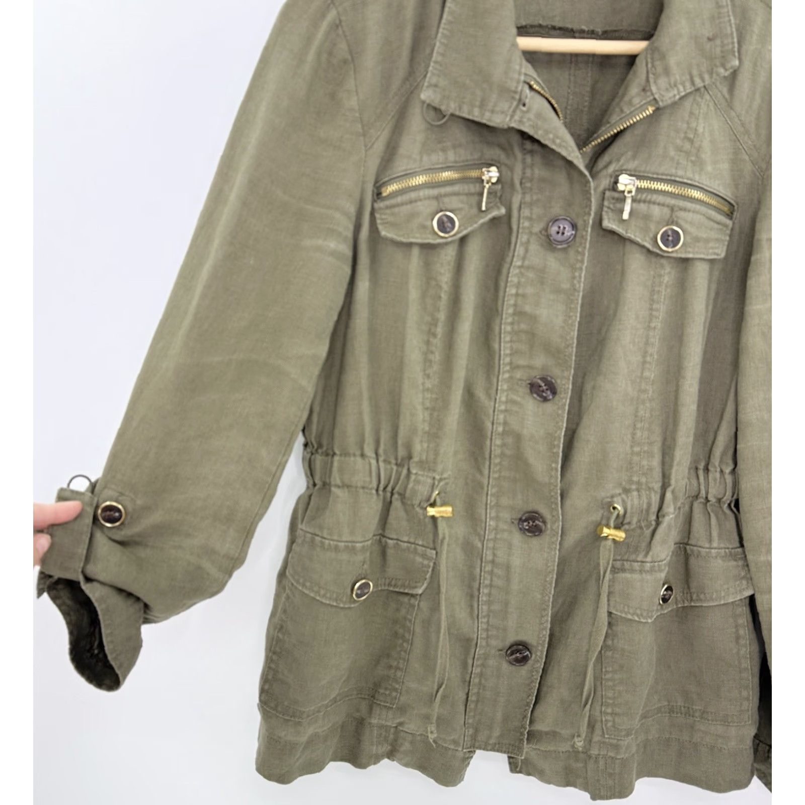 Vintage INC International Concepts Jacket Military Linen Green 100% Linen M Zip Pockets Collared Solid Green Women Adult Regular Modern Style Size M / US 6-8 / IT 42-44 - 7 Thumbnail