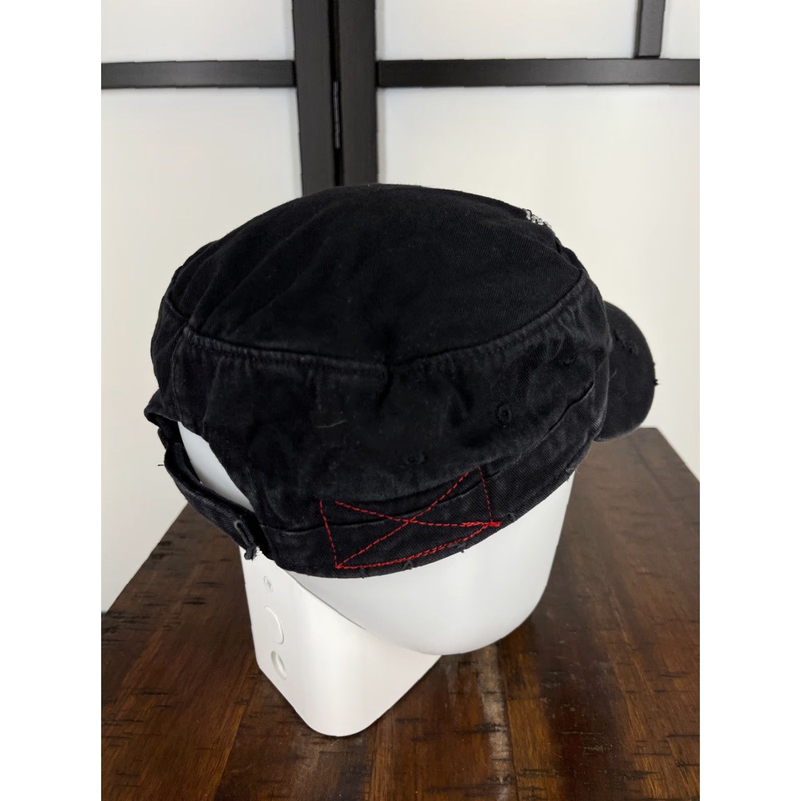 Vintage JFH Headwear Hat Womens One Size Blue Horseshoe Army Cap Strap Back Rhinestone Bling Jewel Casino Distressed Size ONE SIZE - 7 Thumbnail