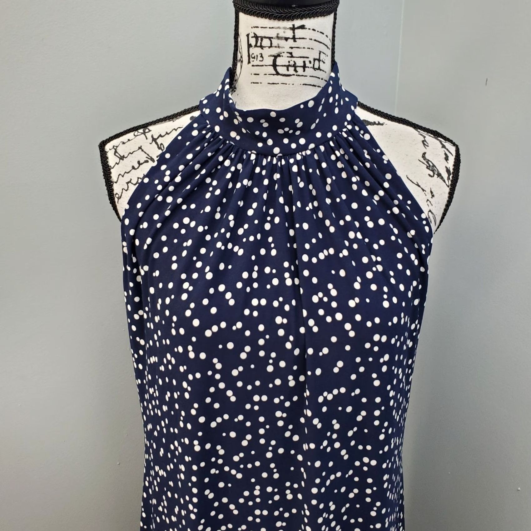 Vintage American Living Women 14 Navy White Polka Dot Halter Neck Back Zip Sheath Dress Size XL / US 12-14 / IT 48-50 - 3 Thumbnail