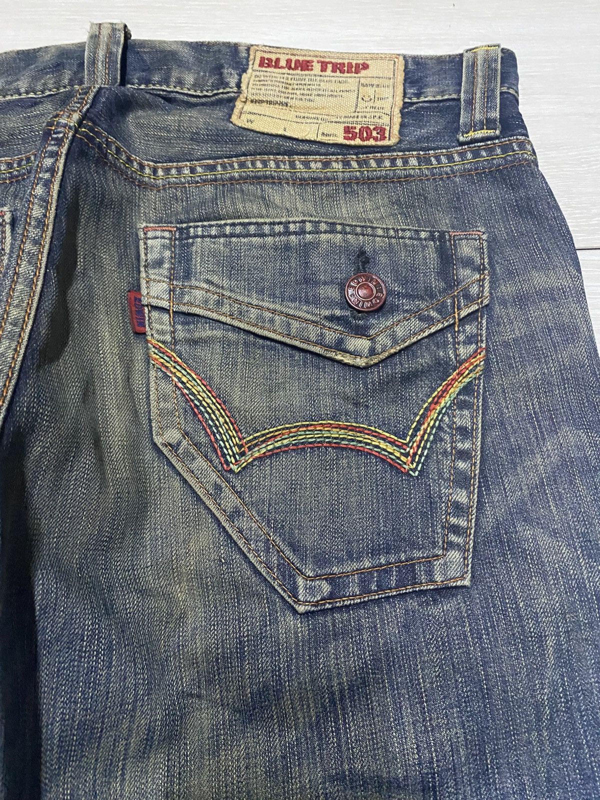 Junya Watanabe Vintage Edwin 503 Blue Trip Thunder Mud Wash Baggy Jeans Size US 36 / EU 52 - 12 Thumbnail