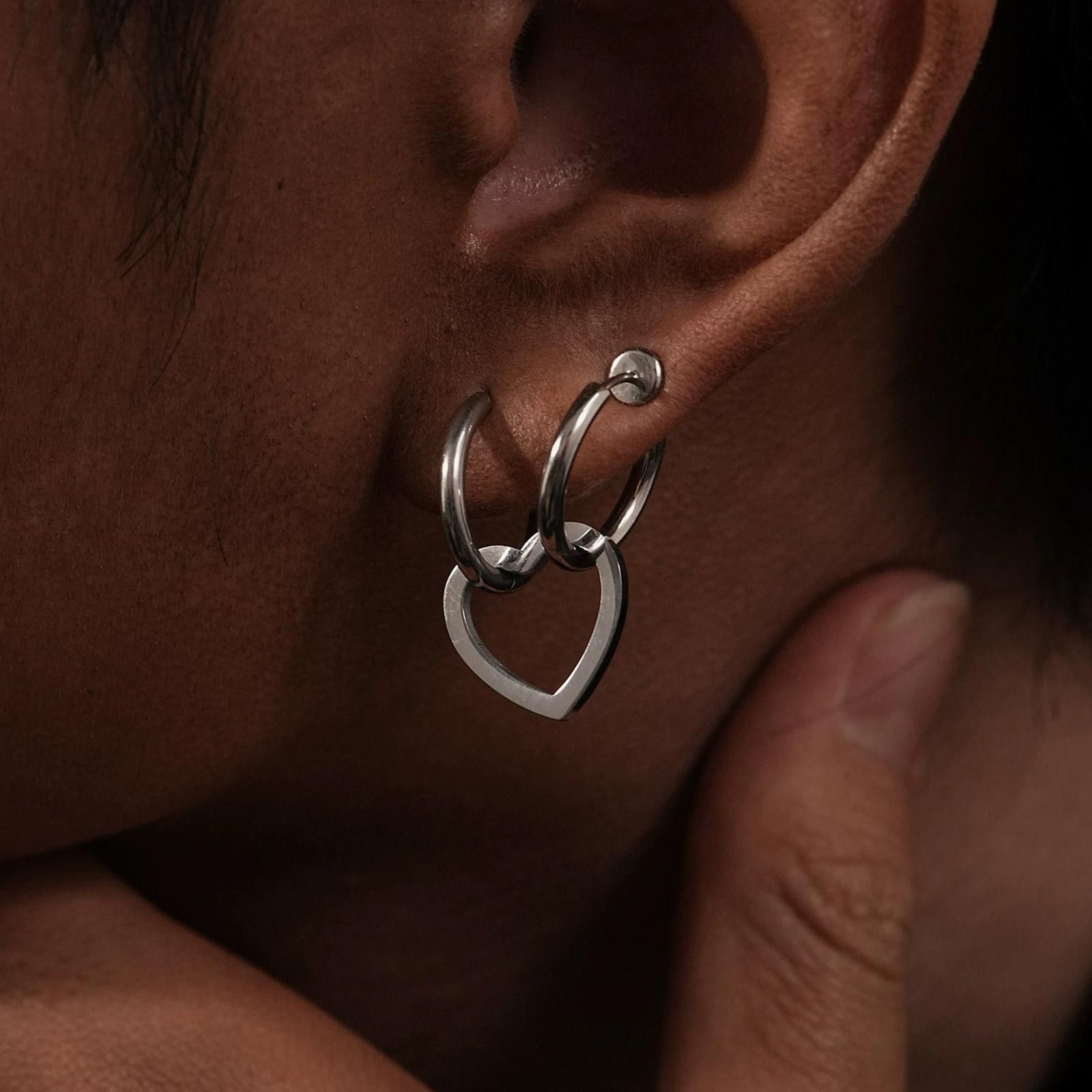 Japanese Brand Silver Hoop Heart Charm Earrings, Minimalist Silver Jewelry Size ONE SIZE - 1 Thumbnail