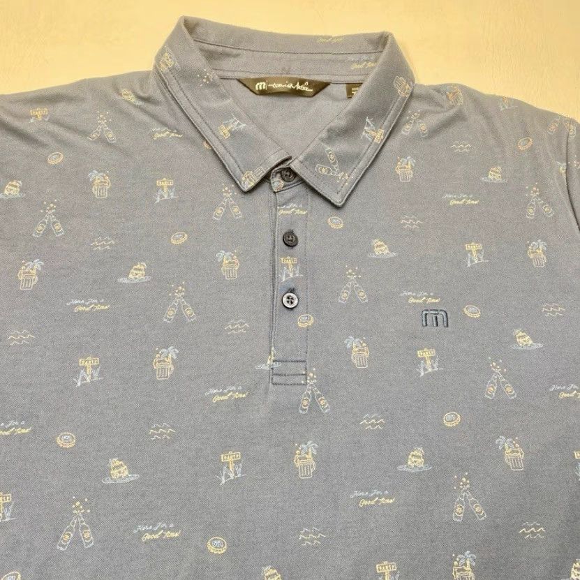 TravisMathew Travis Mathew Polo Shirt Mens 3XL Blue BeER All Over Print Dress To Impress 8577 Shirt Polo Mens 3XL Blue Beer Print Dress To Impress Size 48R - 3 Thumbnail